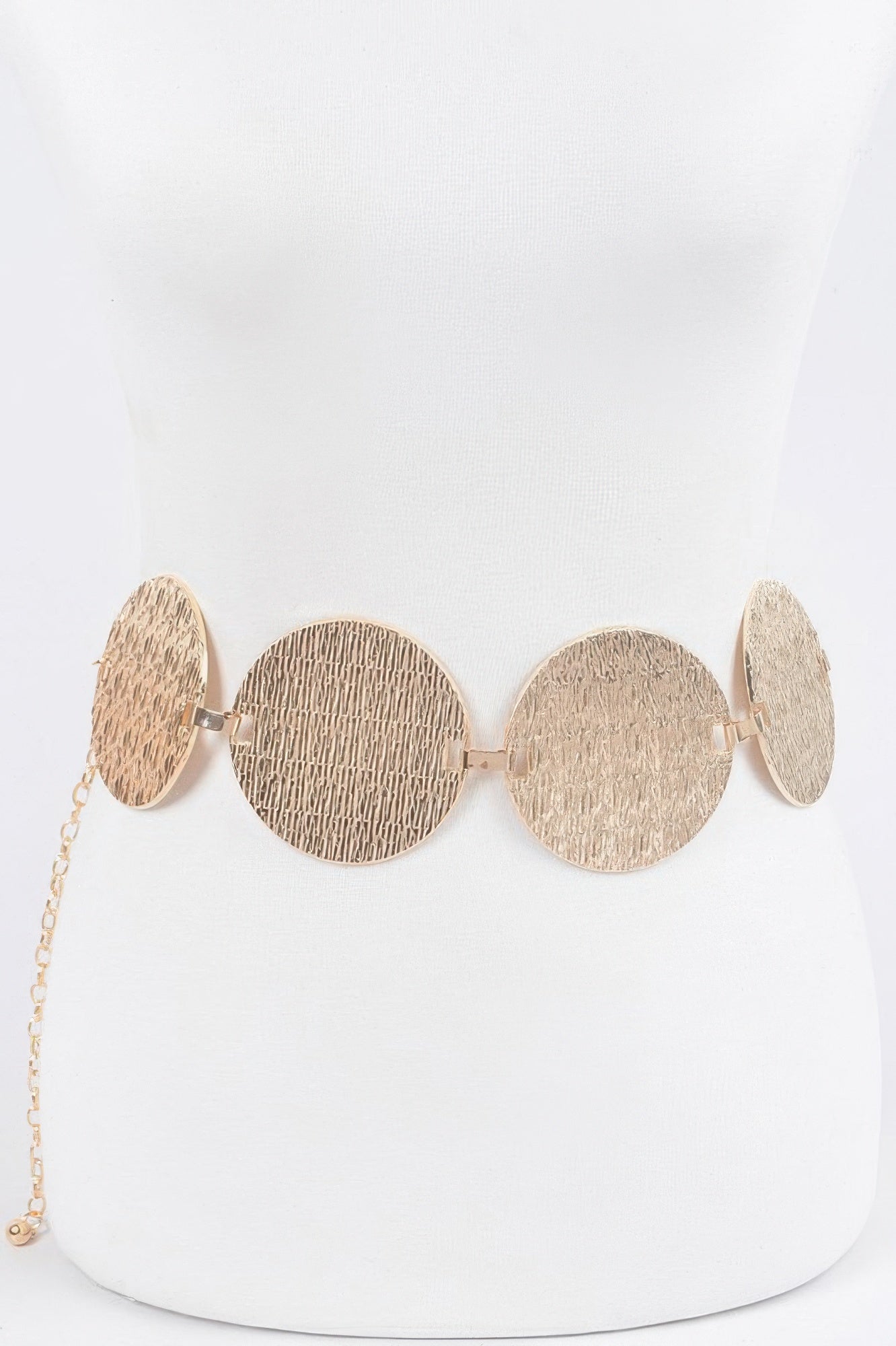 Iron Circular Plated Plus Size Belt with textured gold circular plates and a delicate chain