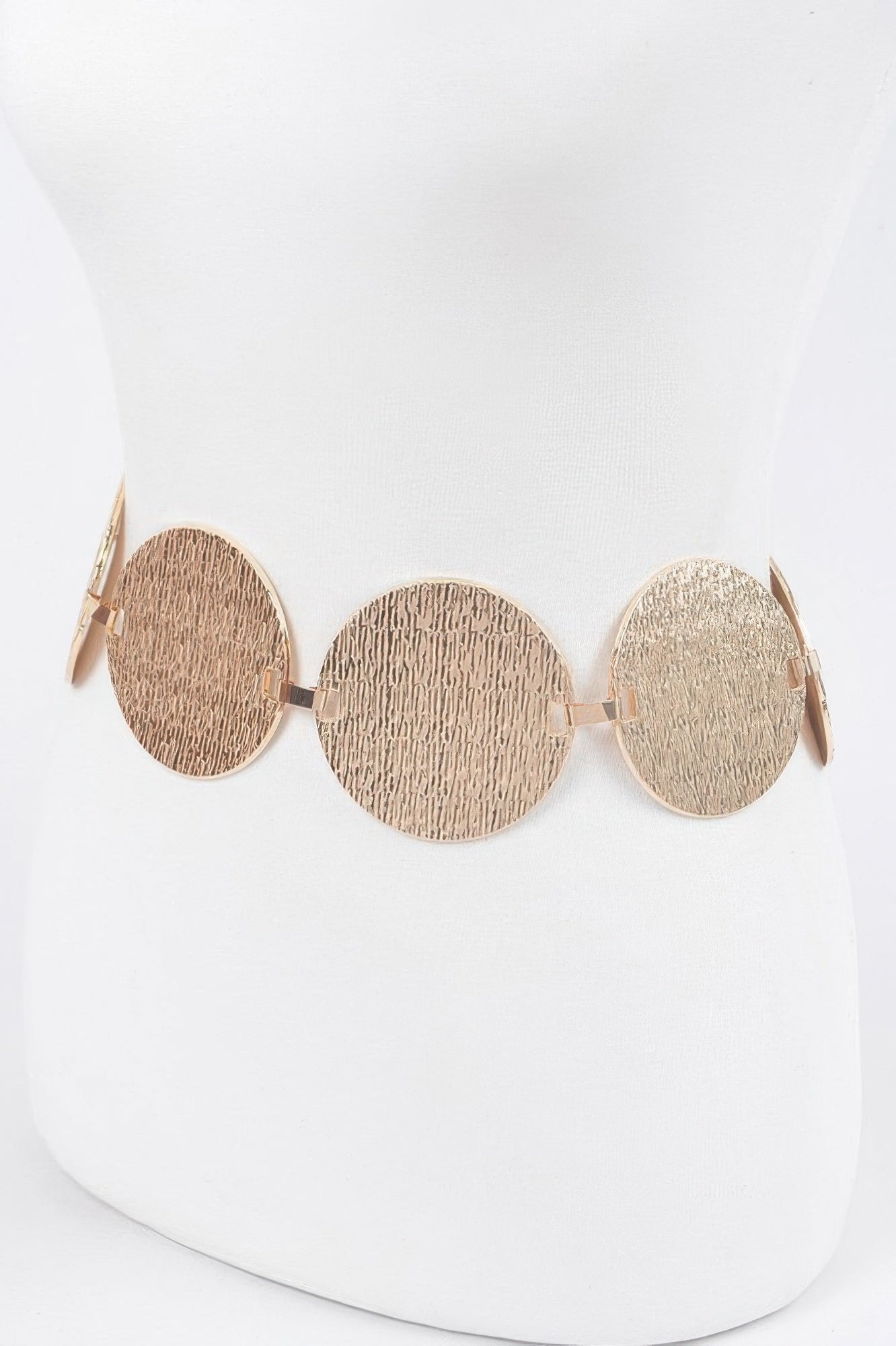 Iron Circular Plated Plus Size Belt on a white mannequin
