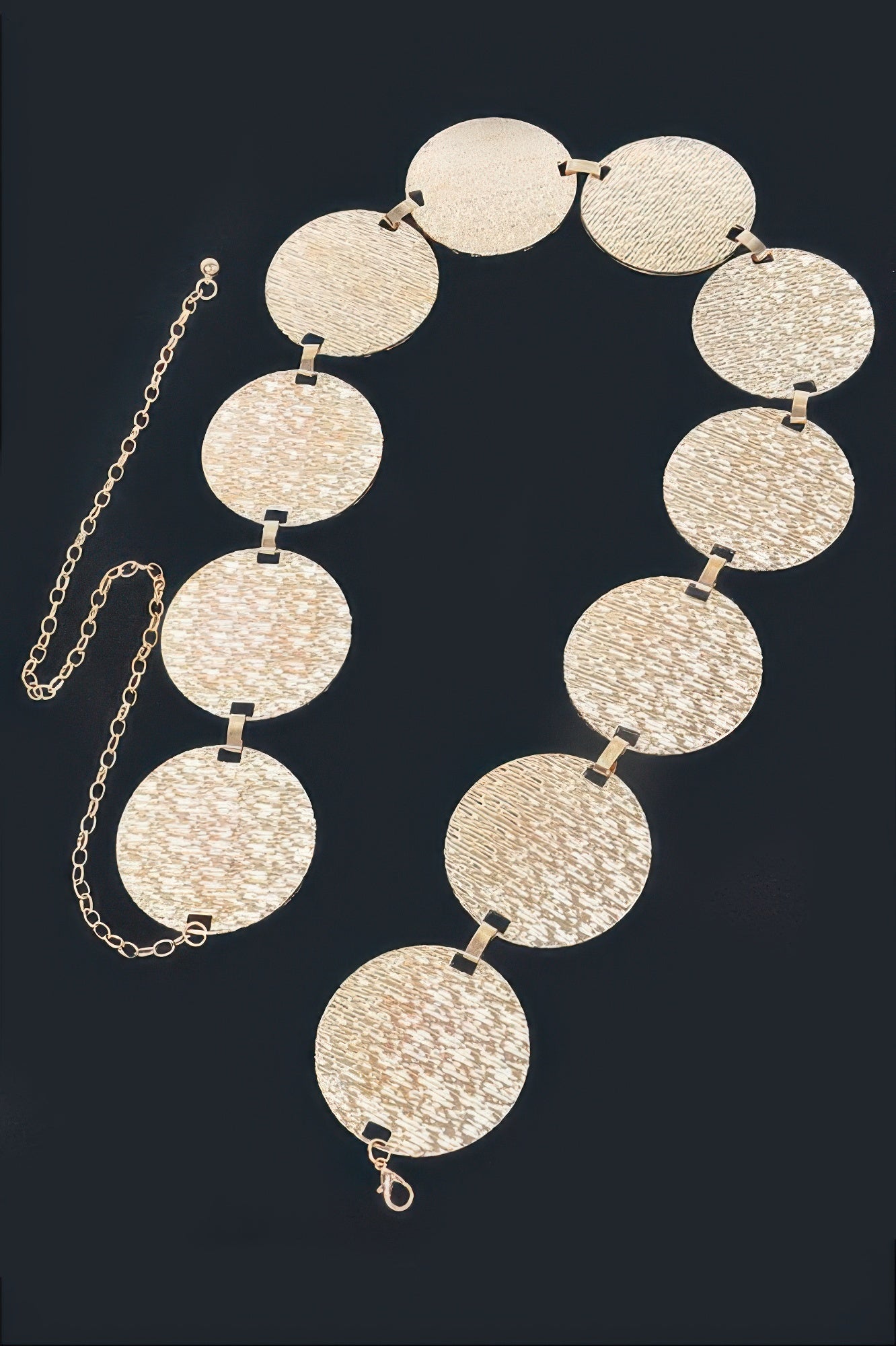 Iron Circular Plated Plus Size Belt with textured gold-tone circular plates and an adjustable chain