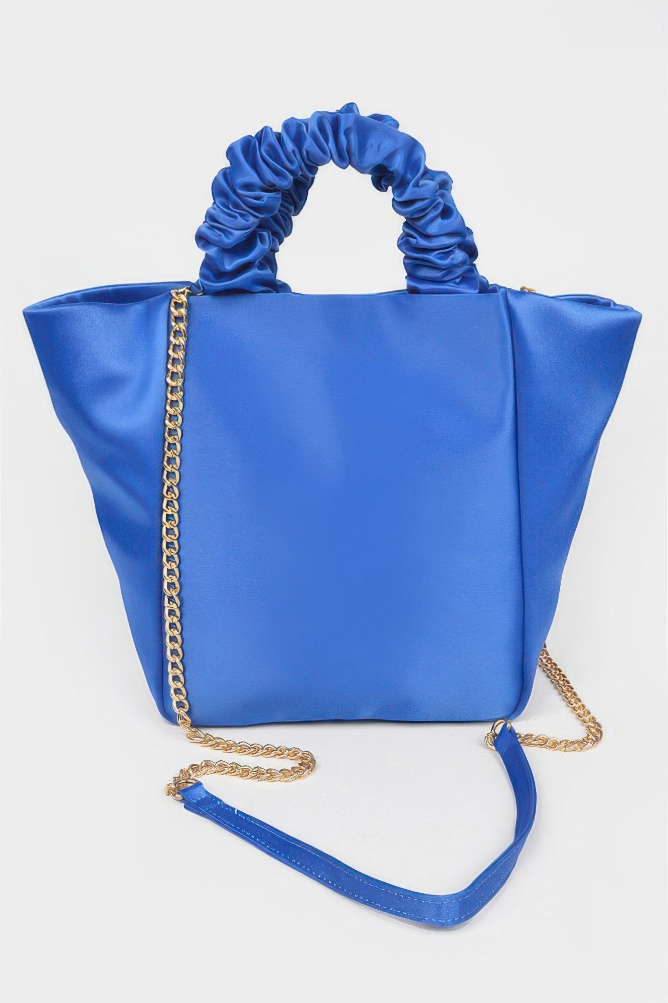 Satin Tote Bag W/chain in blue with a gold chain strap