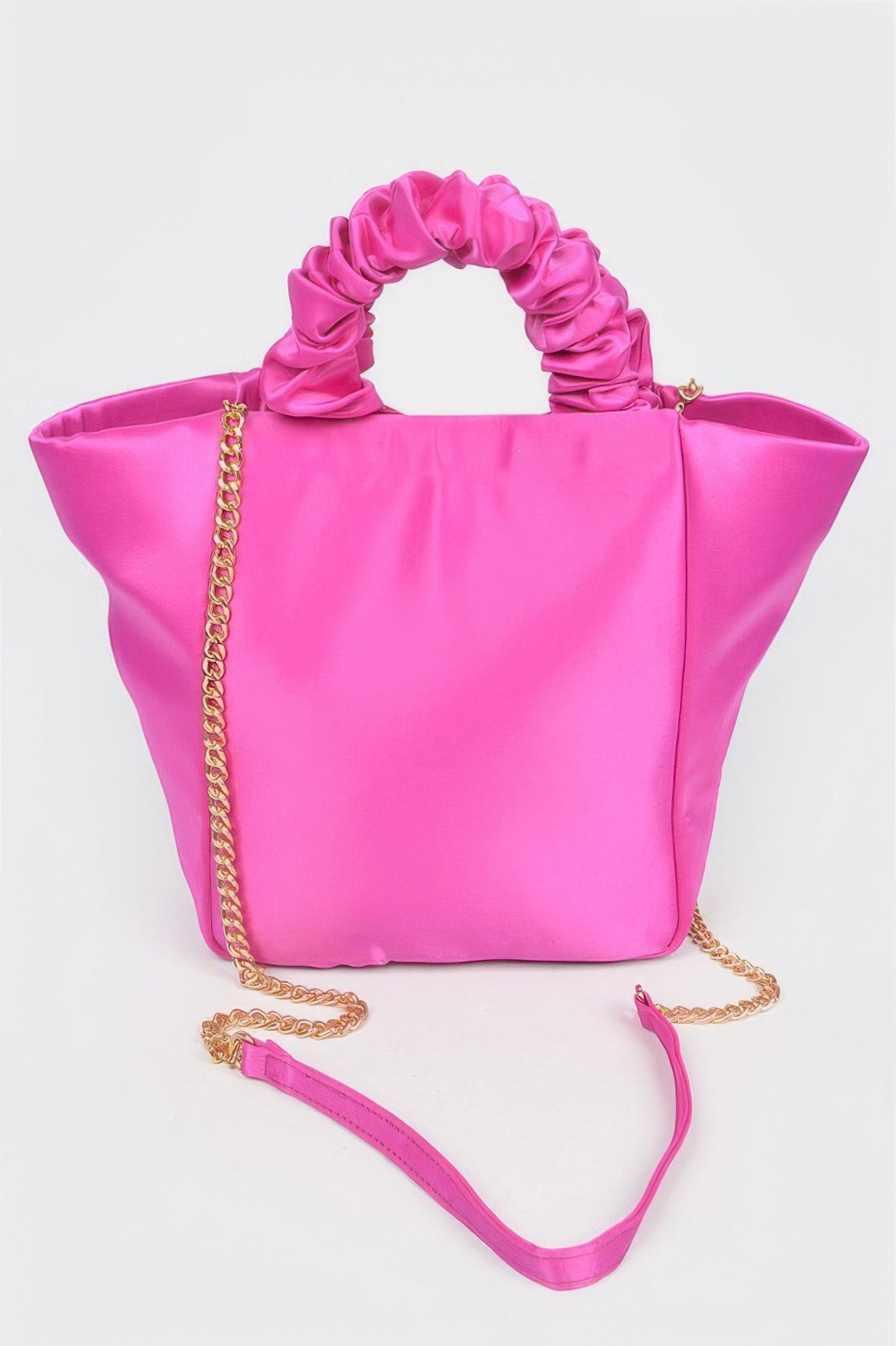 Satin Tote Bag W/chain in bright pink with a ruched top handle and a gold chain strap