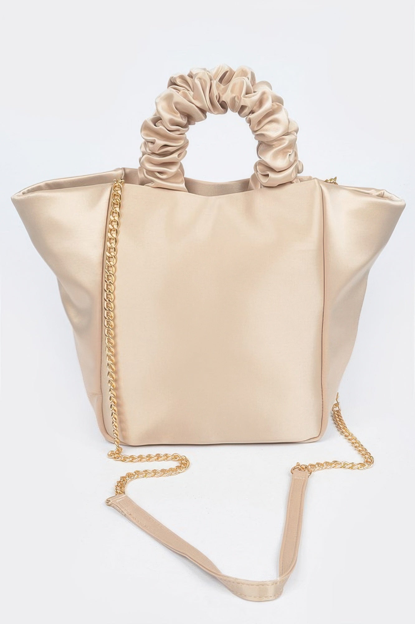 Satin Tote Bag W/chain in light beige with a ruched handle and a gold chain strap