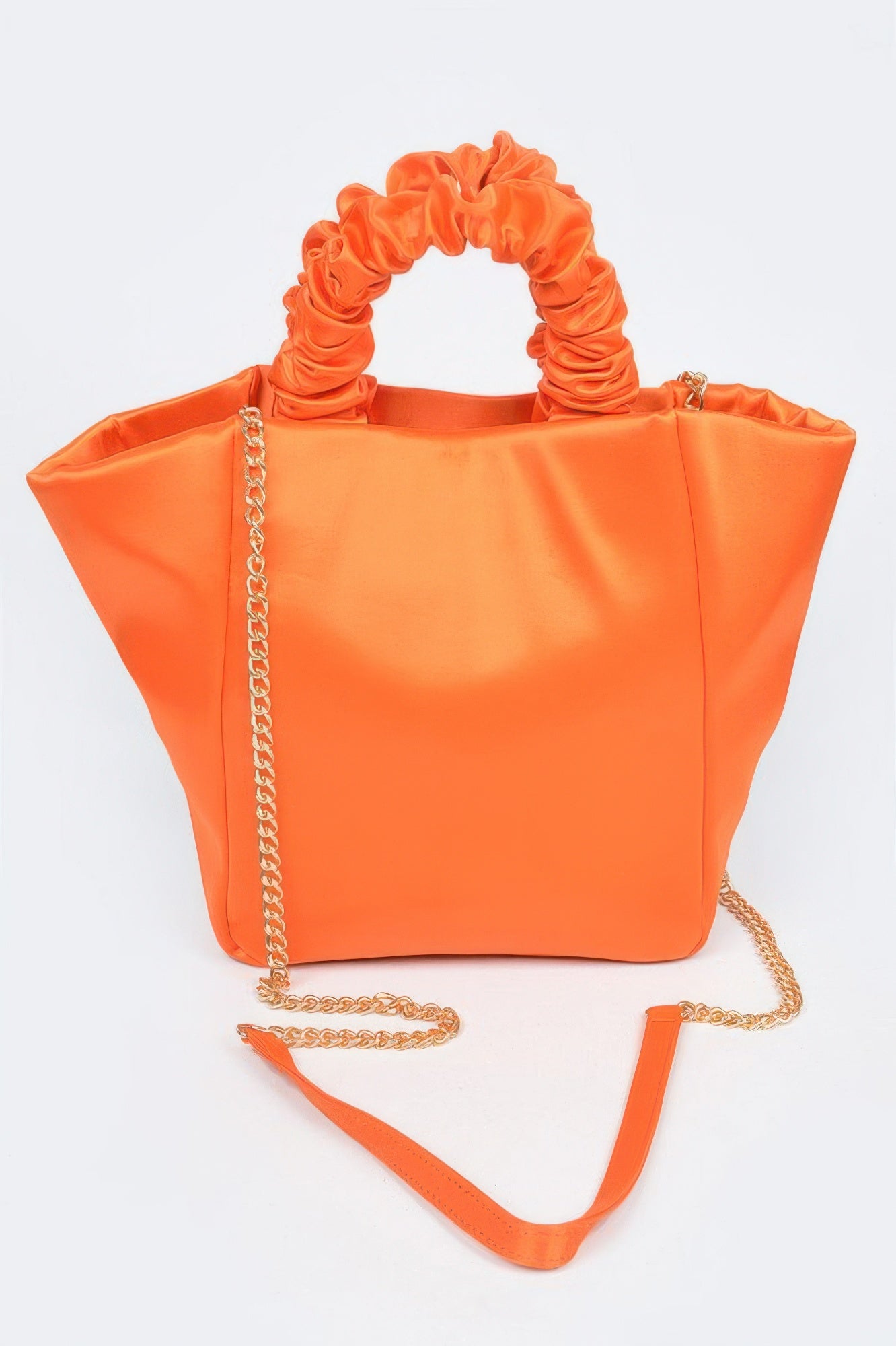 Satin Tote Bag W/chain in bright orange with a ruched handle and a gold chain strap