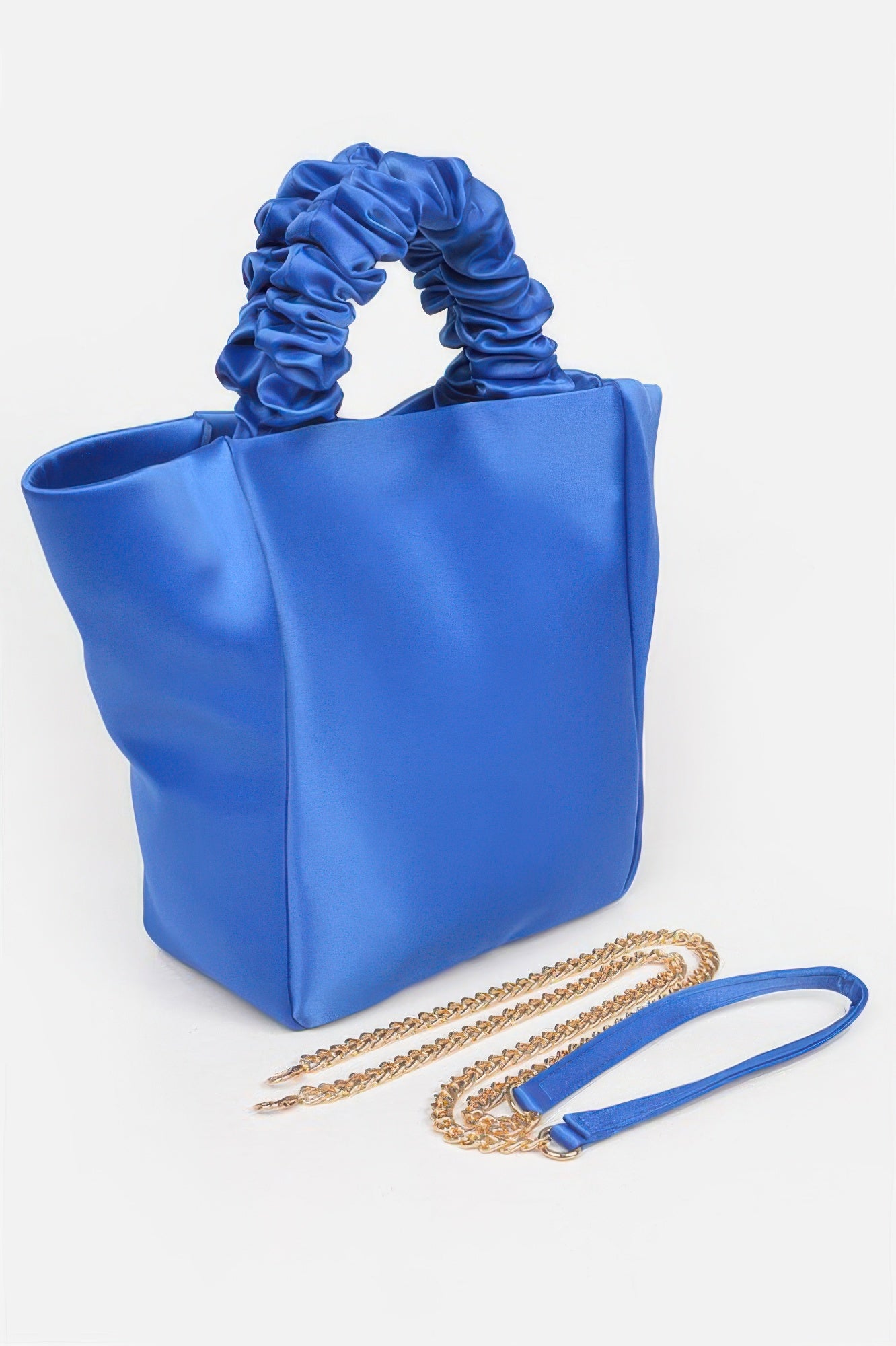 Satin Tote Bag W/chain in royal blue with ruched handles and a detachable gold chain strap
