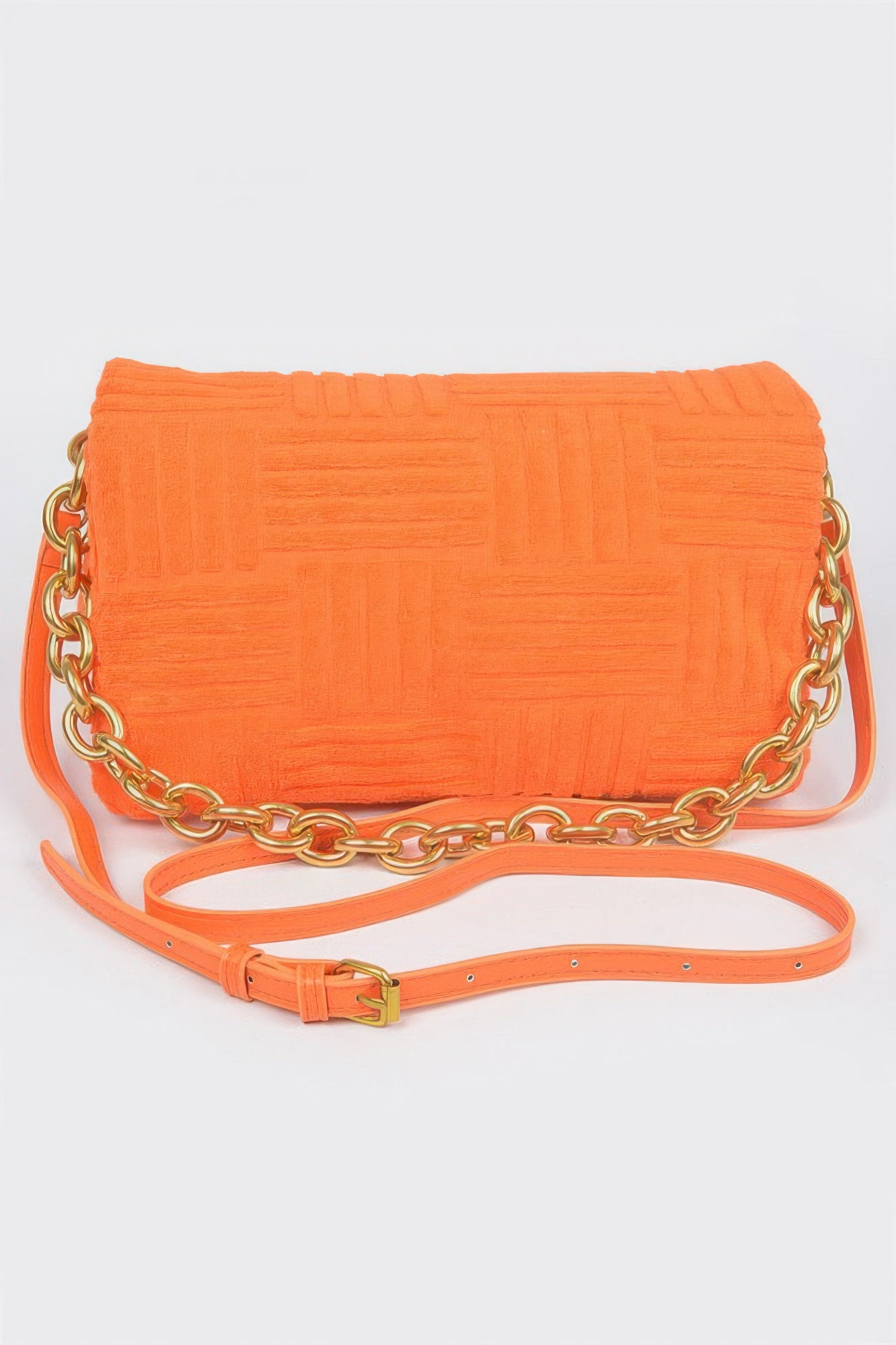 Towel Embossed Chain Flap Bag in orange with gold chain strap