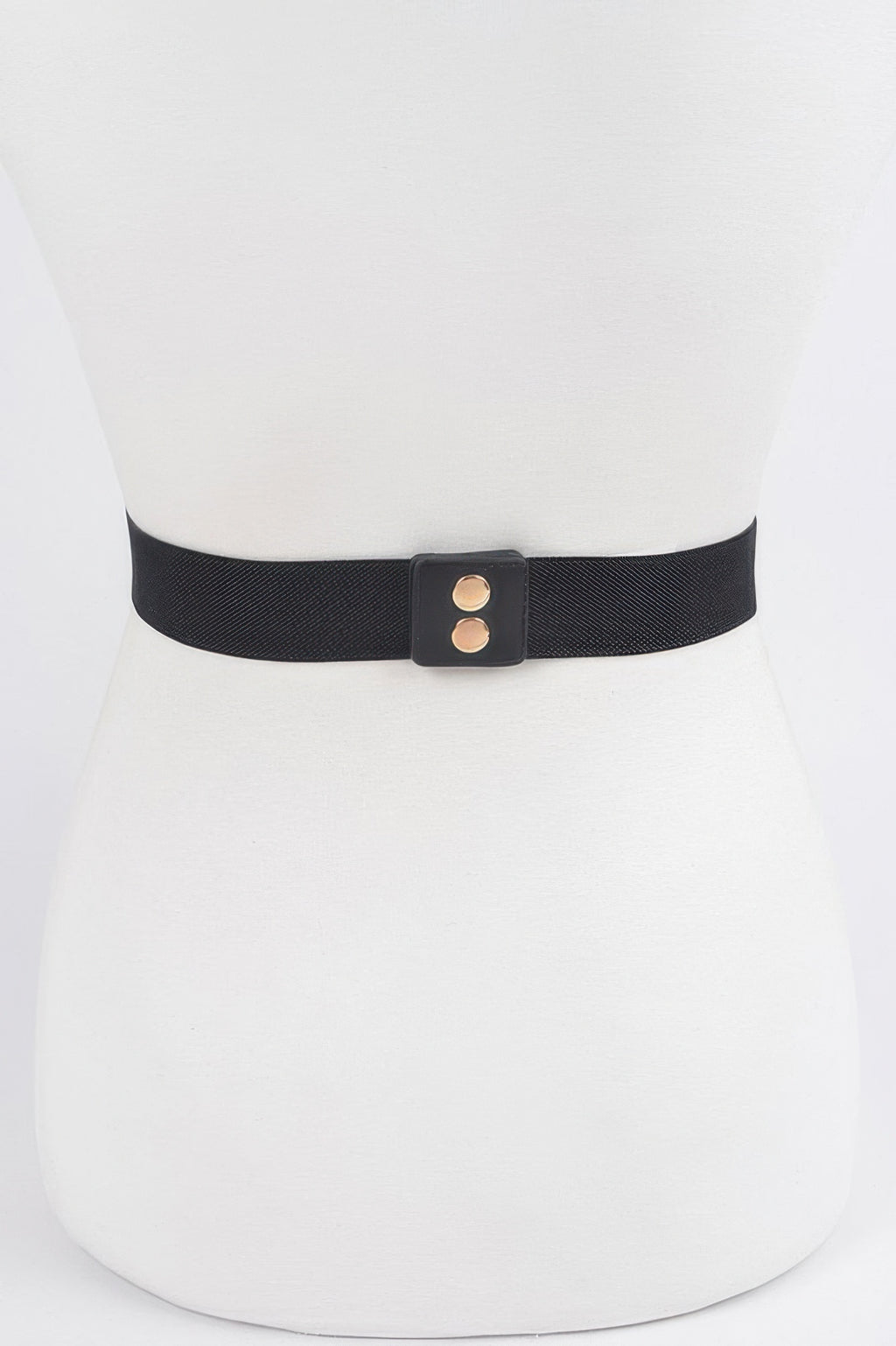 Multi Metal Stretch Belt in black with gold-colored metal accents on a mannequin