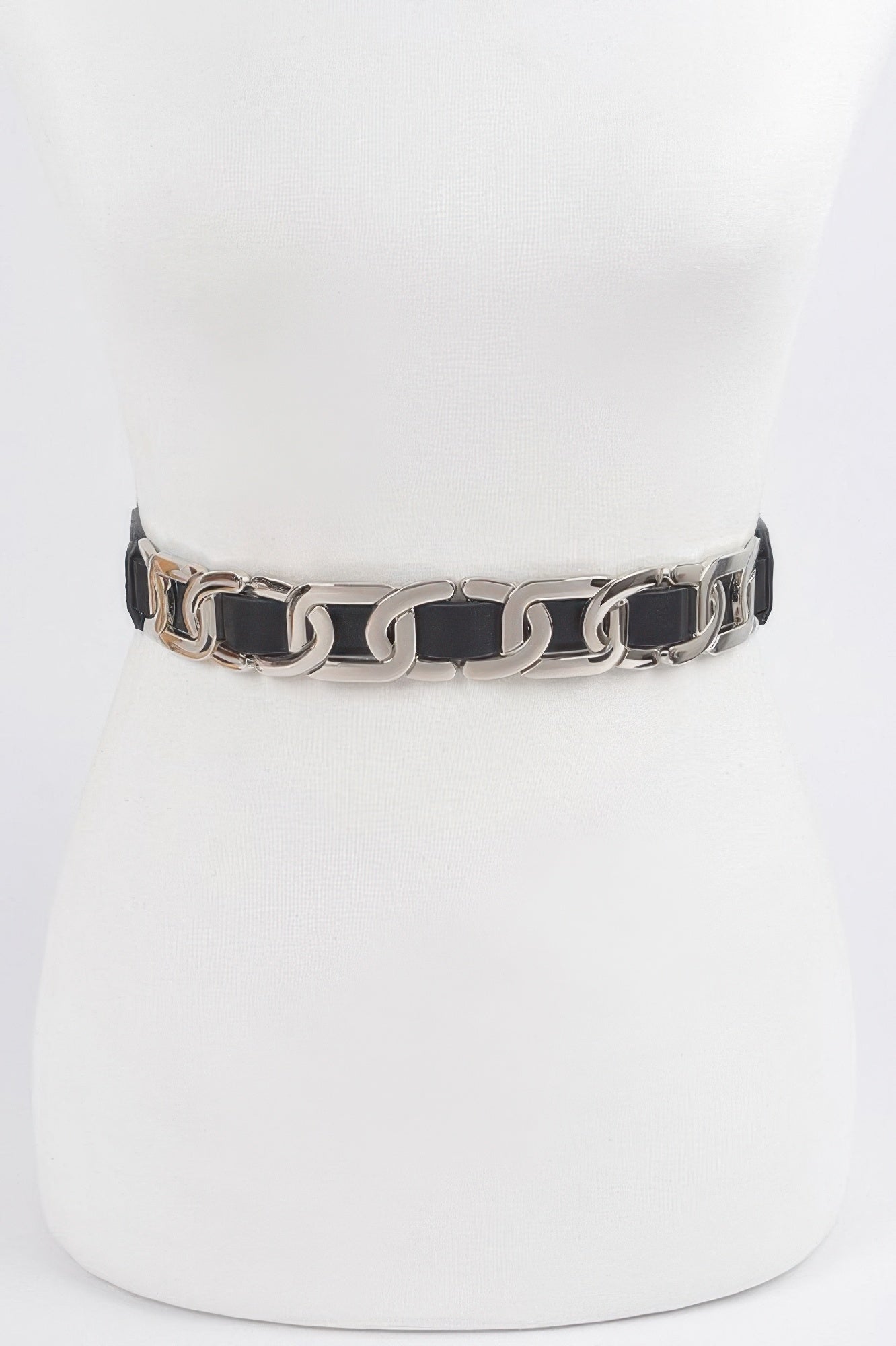 Multi Metal Stretch Belt with silver-tone chain links and black elastic band on a white mannequin