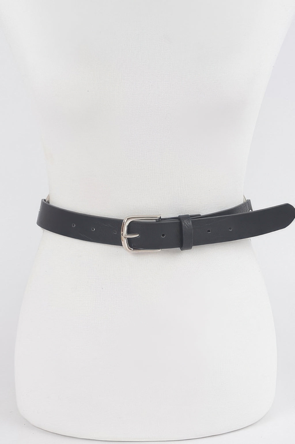 Back Chain Belt in black with a silver buckle on a white mannequin