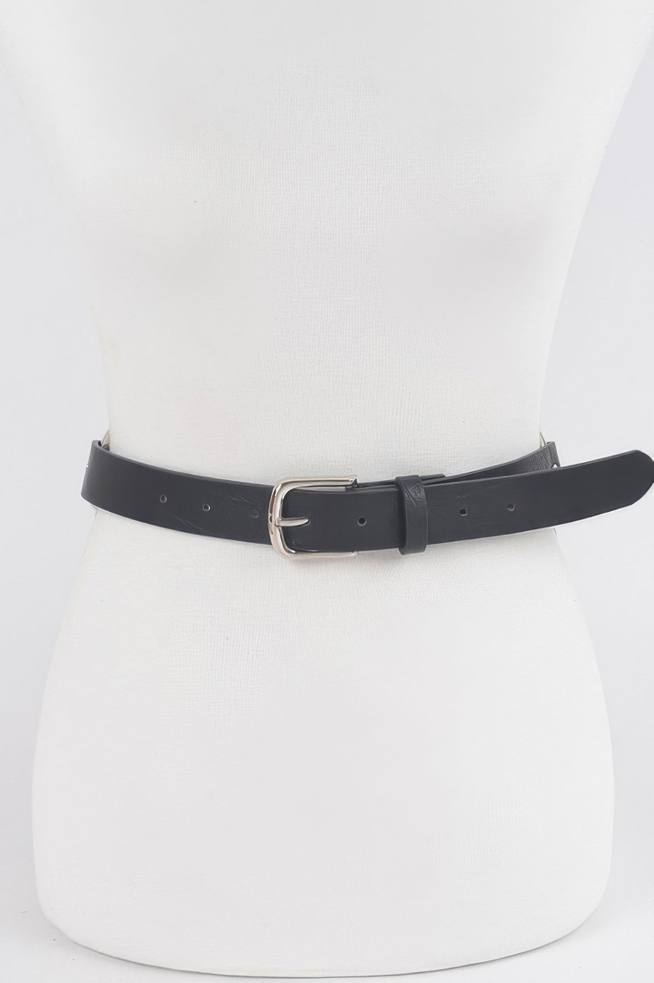 Back Chain Belt in black with a silver buckle on a white mannequin