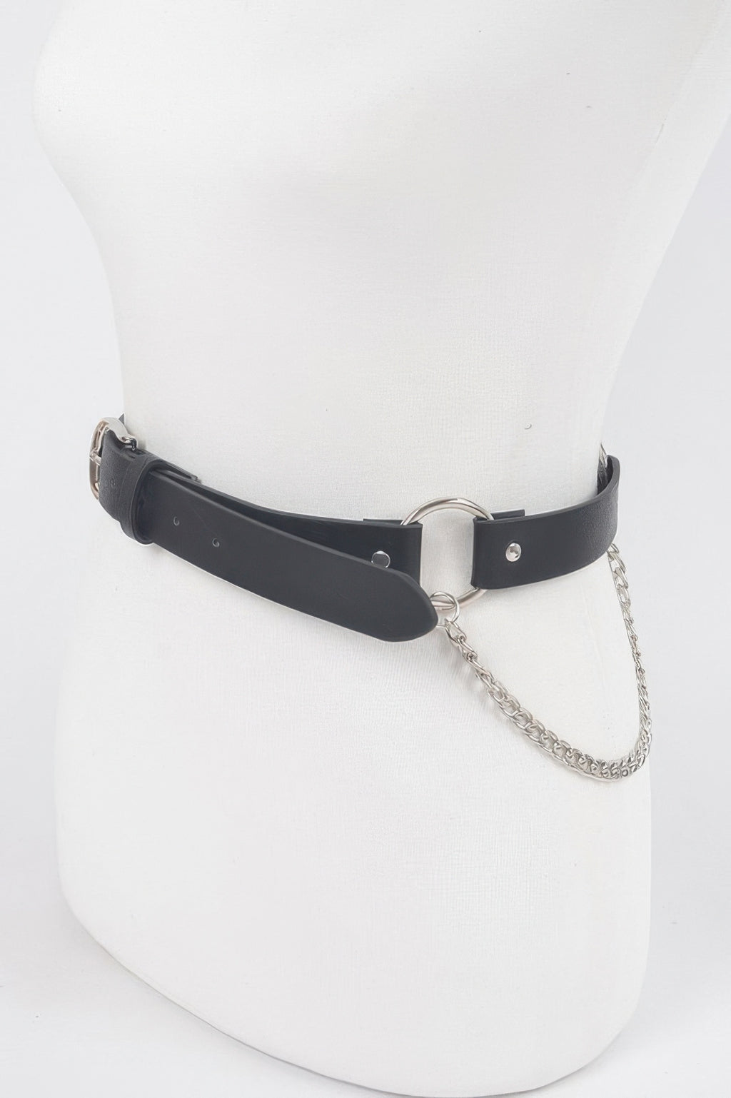 Back Chain Belt in black with silver buckle and chain detail on a white mannequin