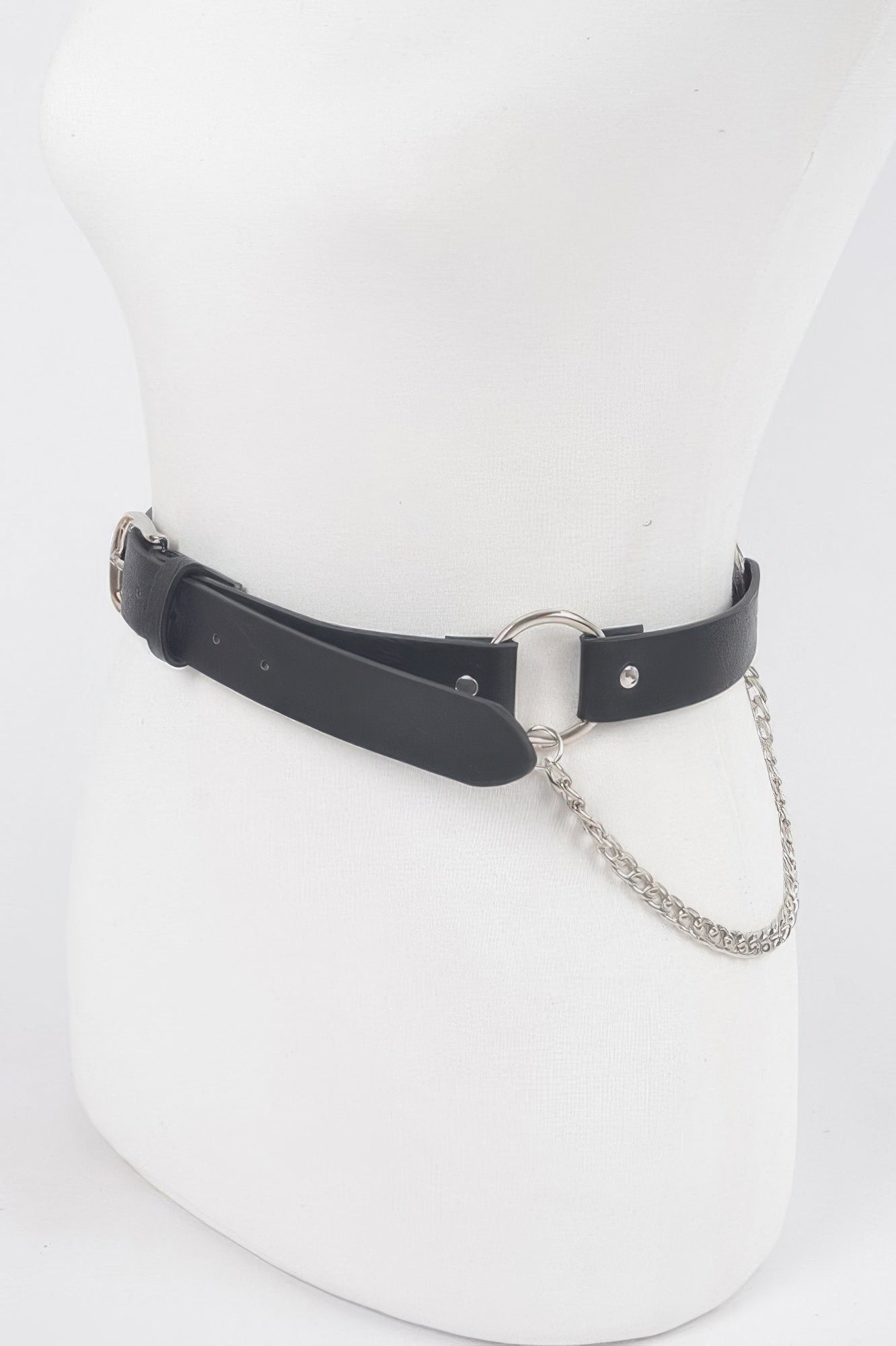 Back Chain Belt in black with silver buckle and chain detail on a white mannequin