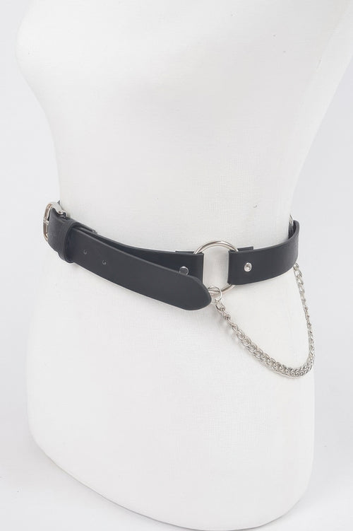 Back Chain Belt in black with silver buckle and chain detail on a white mannequin