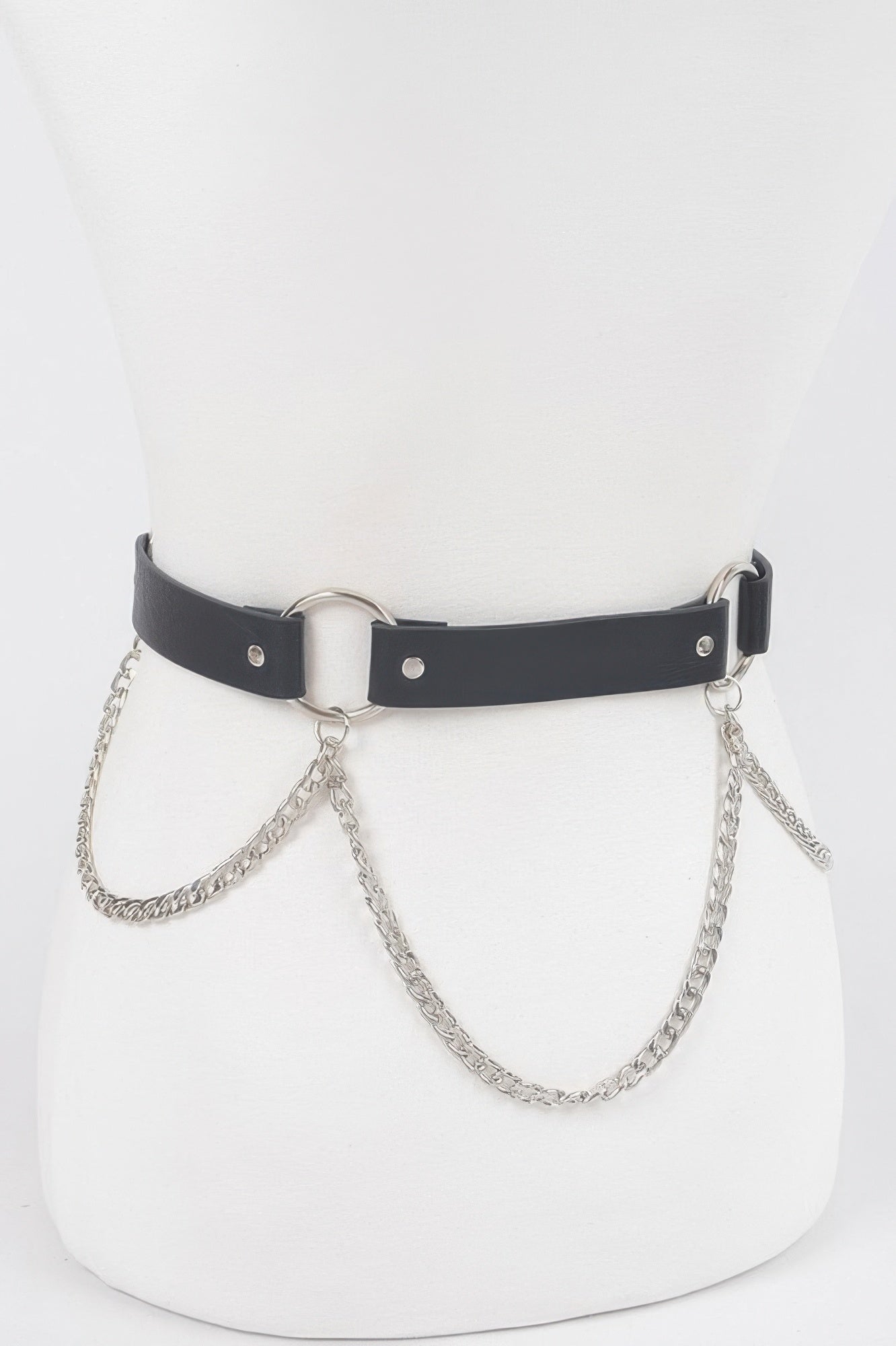 Back Chain Belt in black with silver-tone hardware and dangling chains