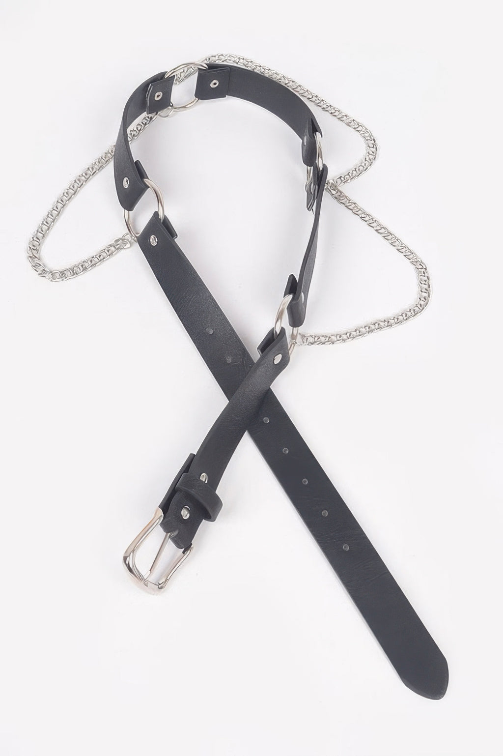 Back Chain Belt, black with silver chain and buckle, laid flat on a white background