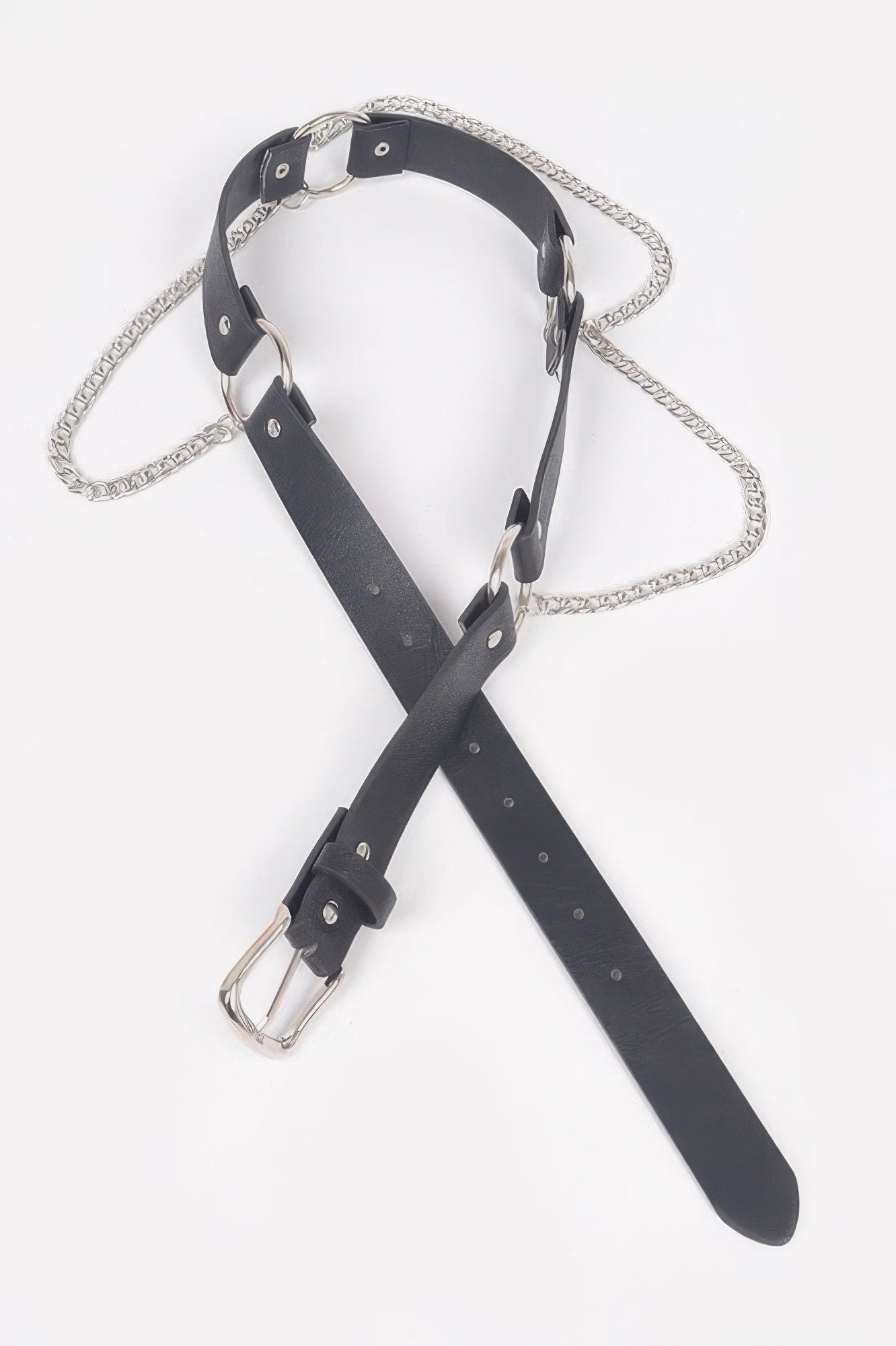 Back Chain Belt, black with silver chain and buckle, laid flat on a white background