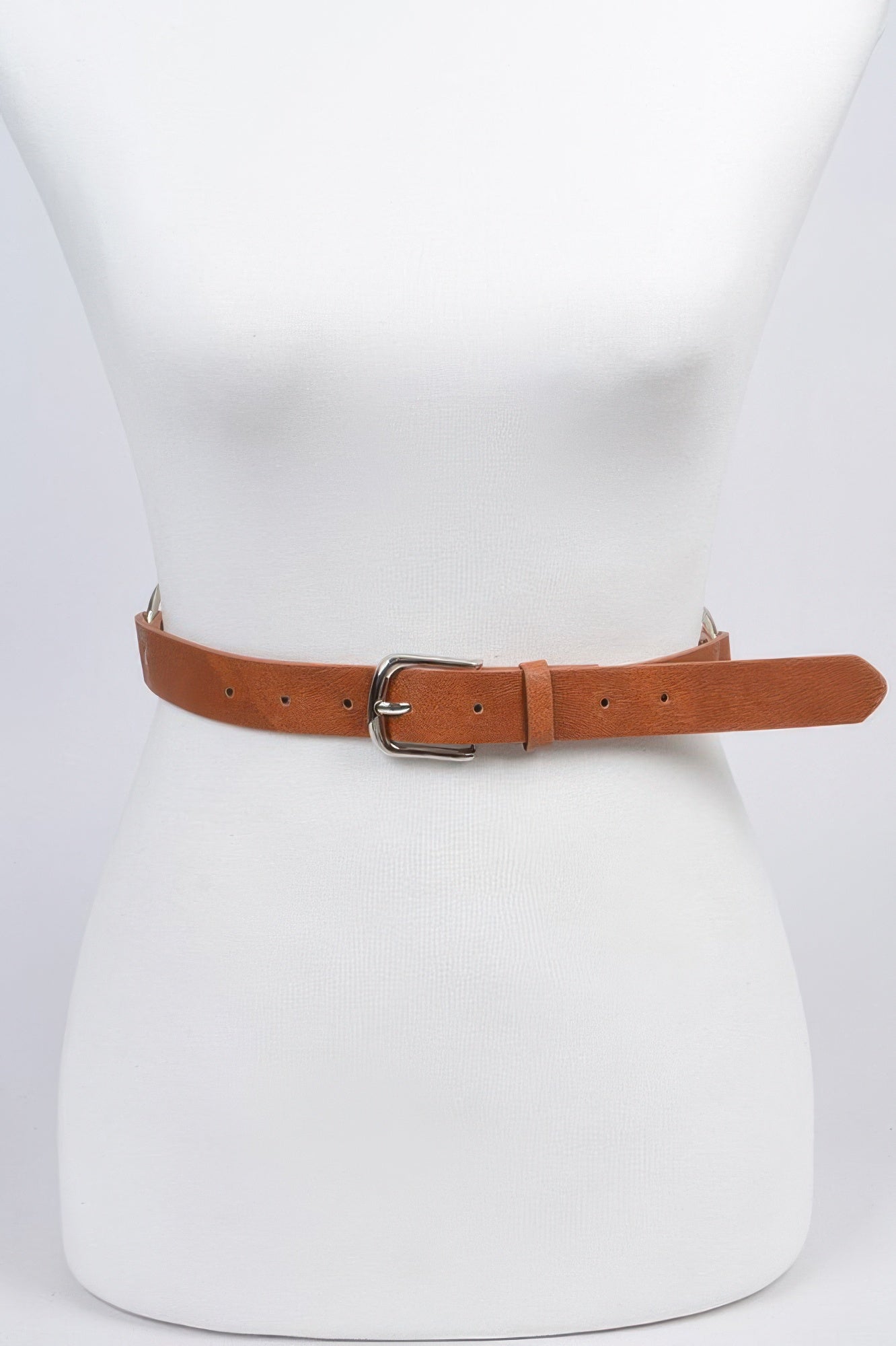Back Chain Belt in brown with silver buckle on a white mannequin