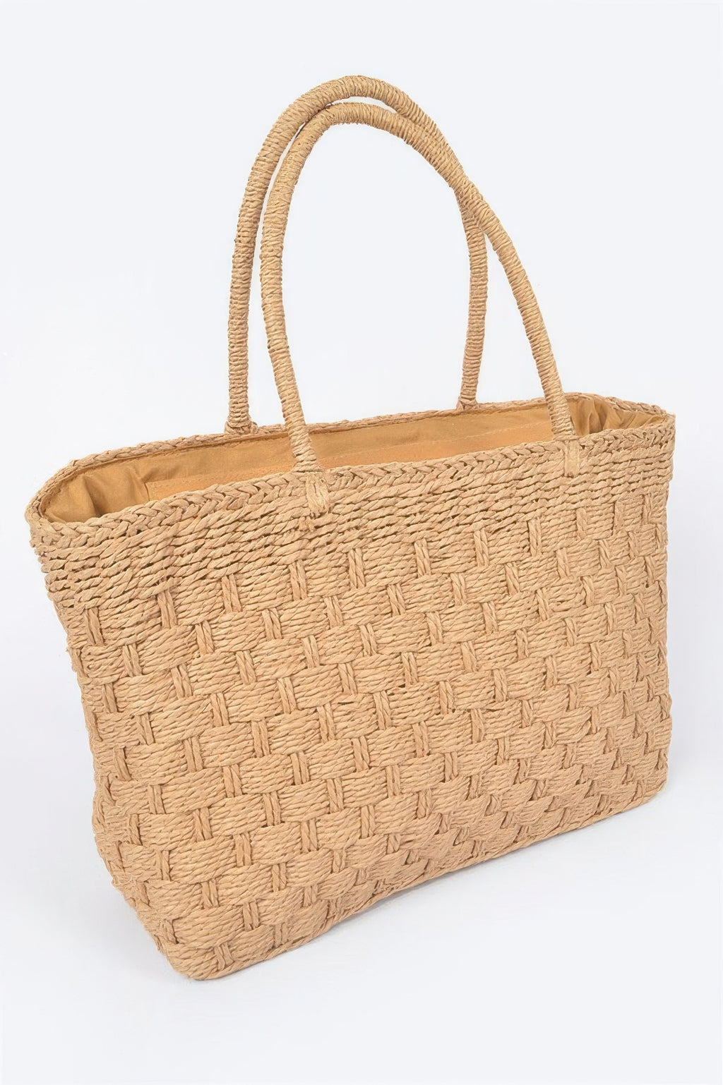Straw Medium Tote Bag with a woven texture and two top handles, shown on a white background