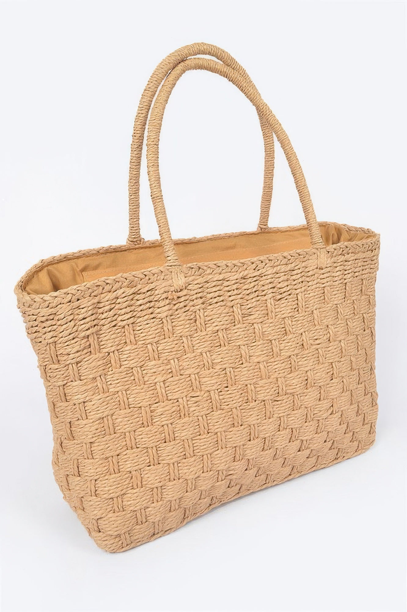 Straw Medium Tote Bag with a woven texture and two top handles, shown on a white background