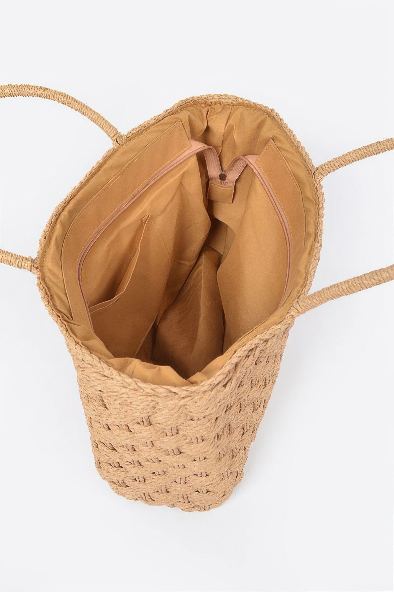 Straw Medium Tote Bag, top view, showing the interior lining and pockets