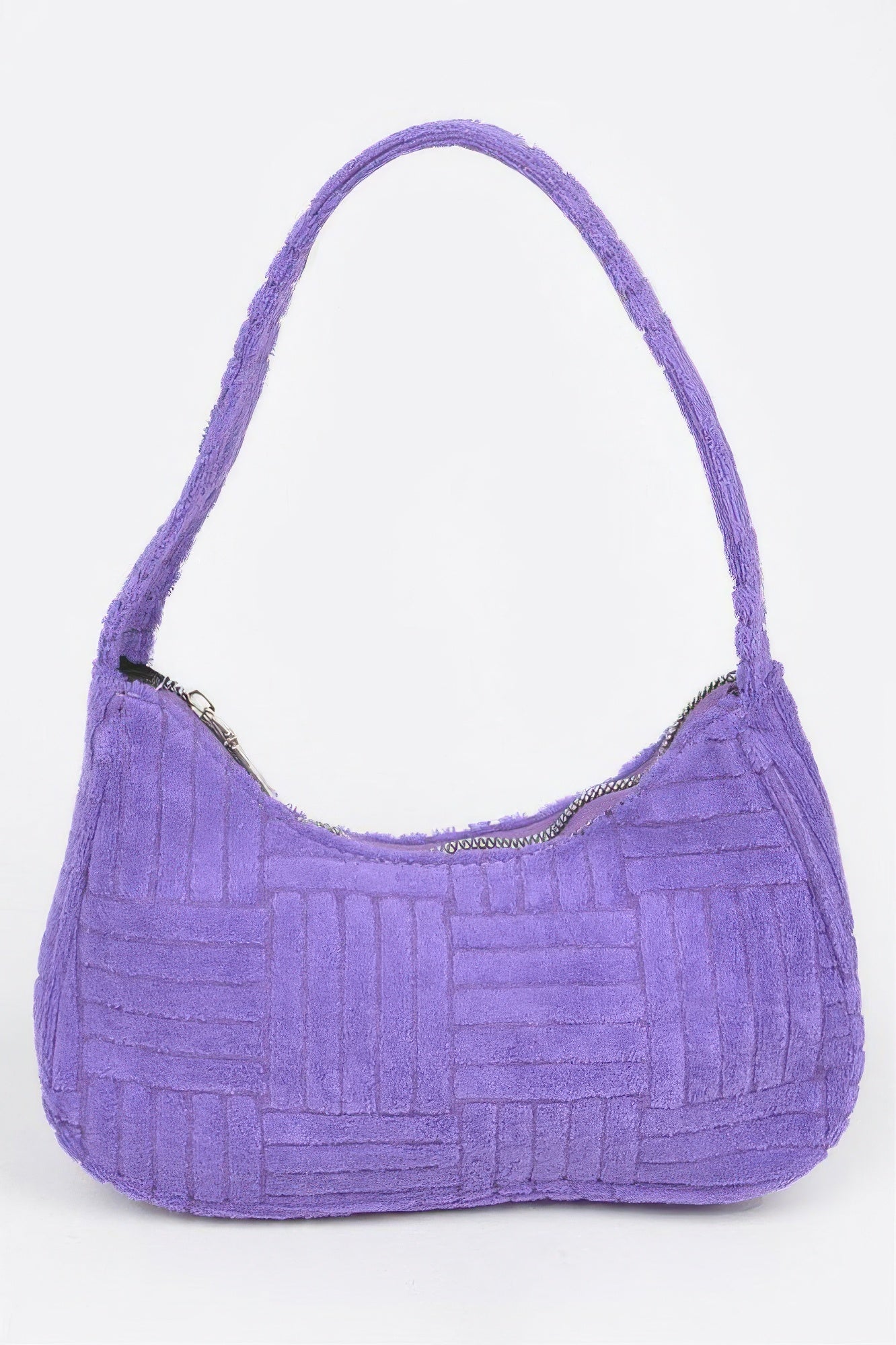 Towel Embossed Simple Bag in purple with a textured, embossed pattern and a silver zipper