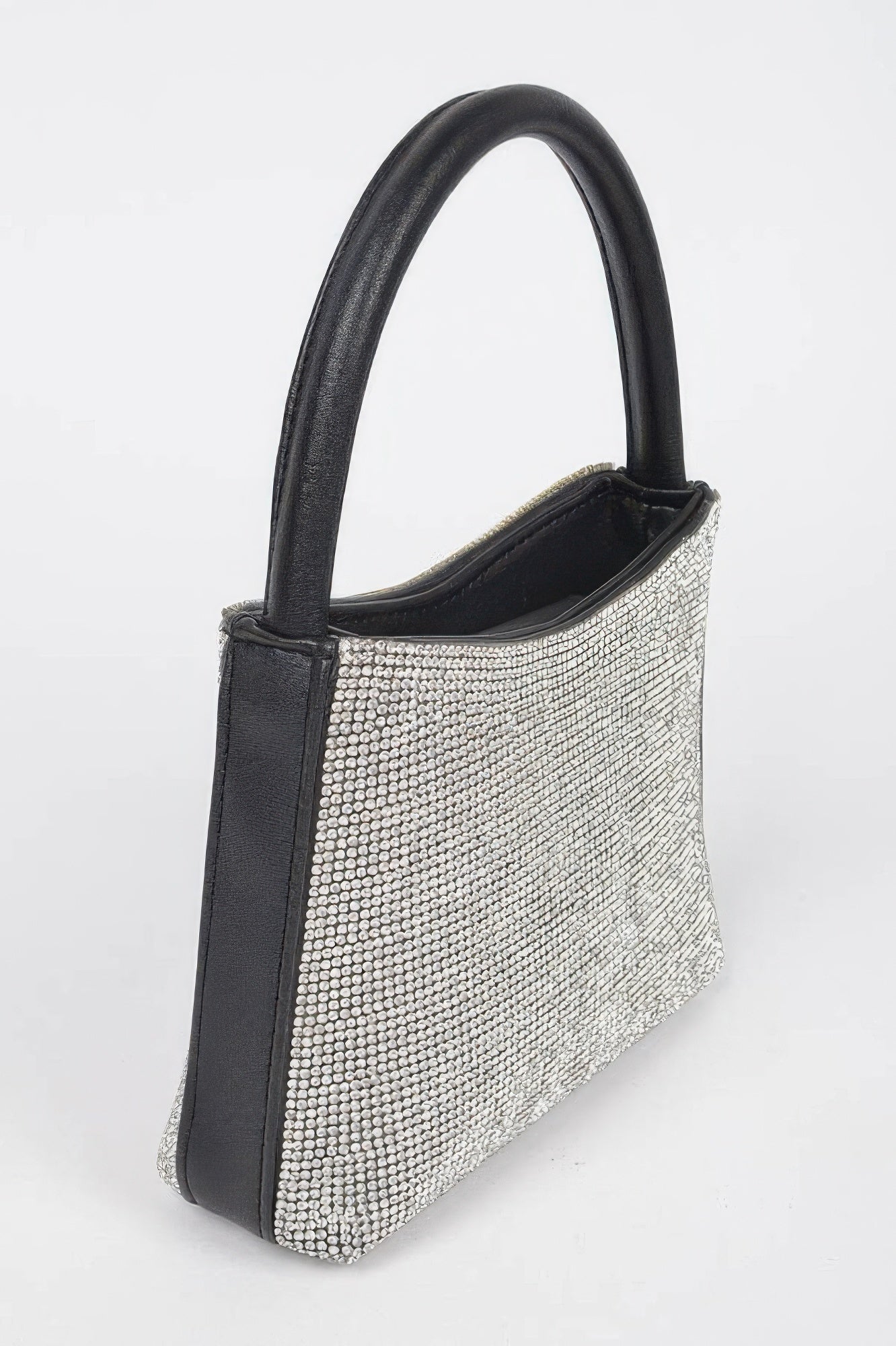 Rhinestone Top Handle Bag, black leather handle and trim, silver rhinestones covering the body of the bag