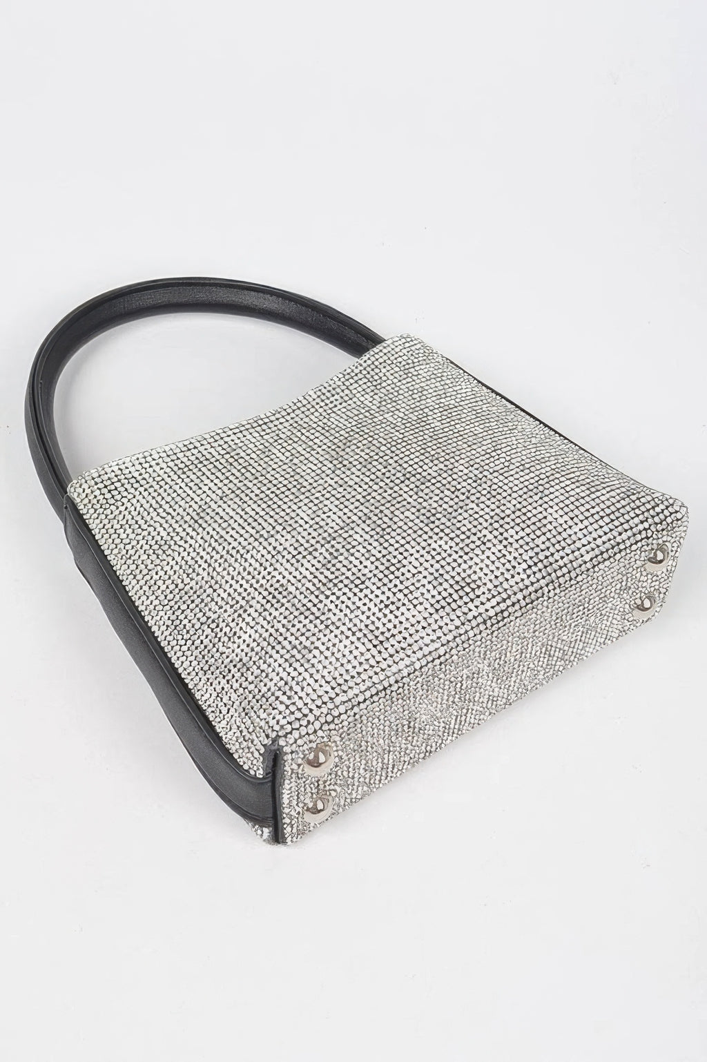Rhinestone Top Handle Bag, silver with black handle and base, angled view