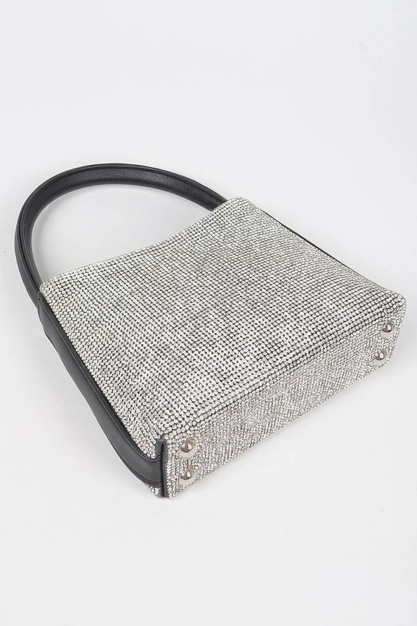Rhinestone Top Handle Bag, silver with black handle and base, angled view