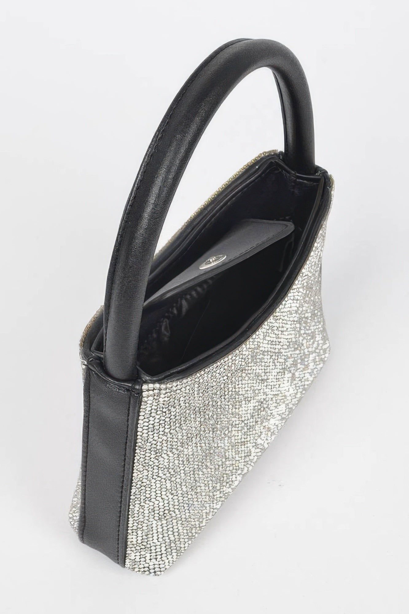 Rhinestone Top Handle Bag, black leather handle and trim, silver rhinestones covering the bag