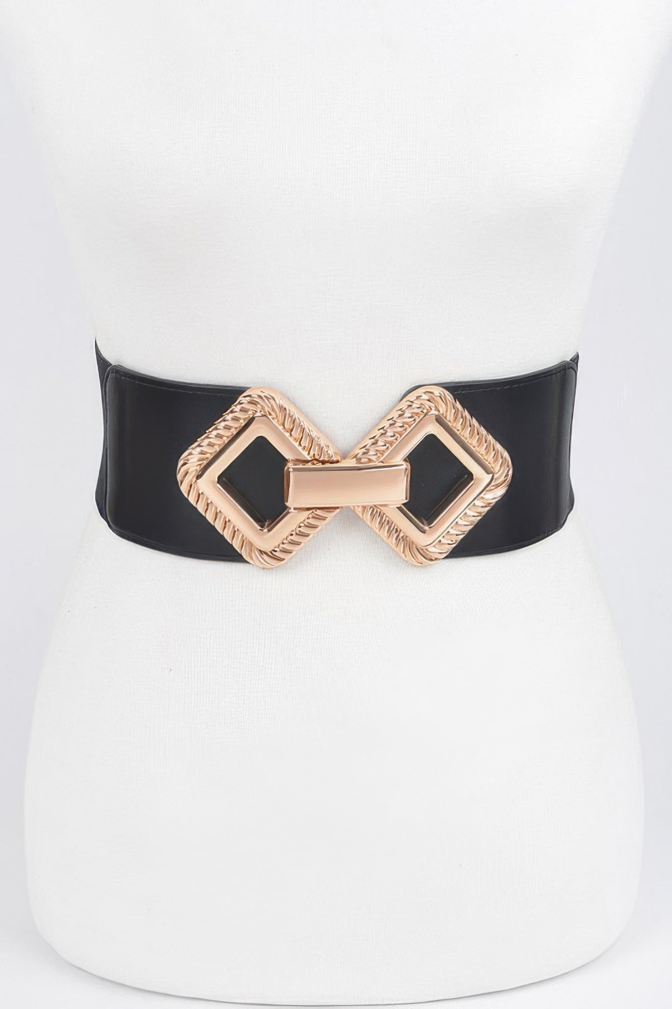 Big Metal Buckle Stretch Belt in black with a large gold-toned, diamond-shaped buckle