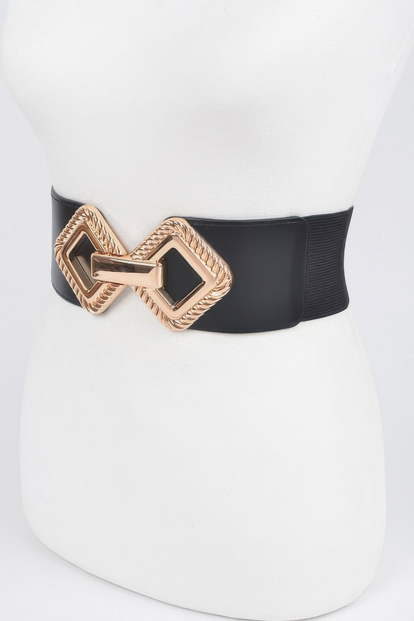 Big Metal Buckle Stretch Belt in black with a gold-colored, diamond-shaped buckle