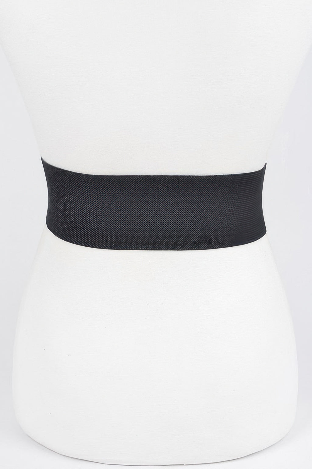 Big Metal Buckle Stretch Belt in black, shown on a white mannequin