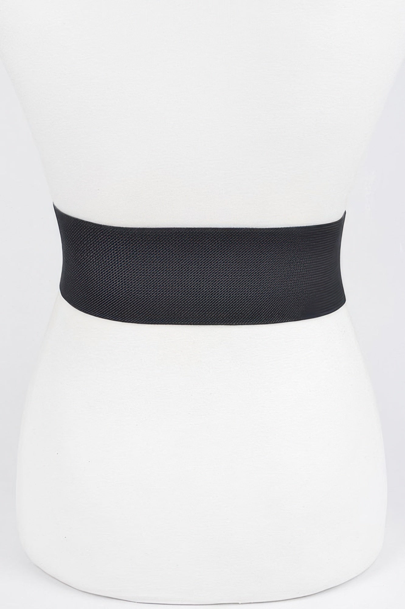 Big Metal Buckle Stretch Belt in black, shown on a white mannequin
