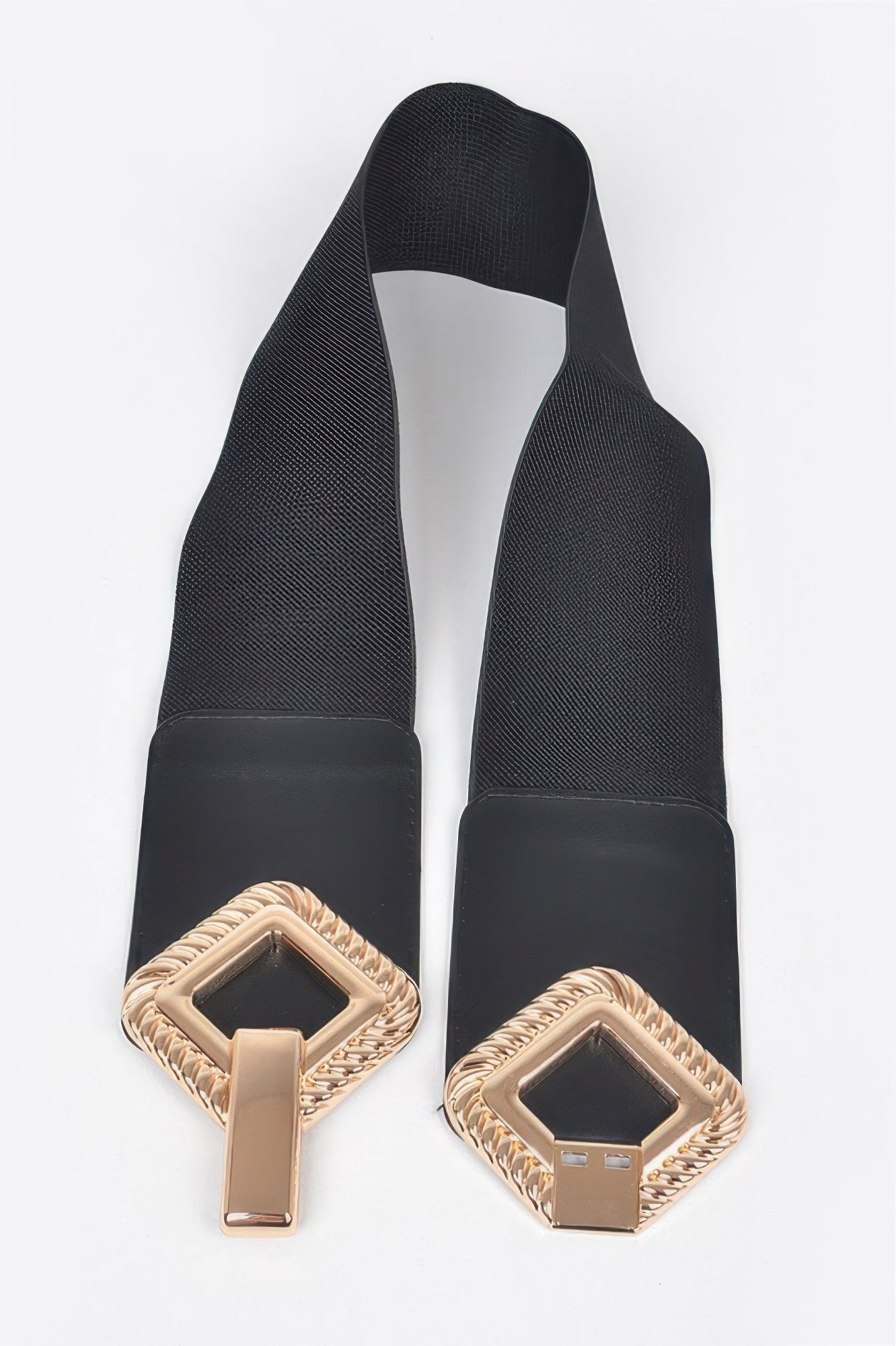 Big Metal Buckle Stretch Belt in black with two large gold diamond-shaped buckles