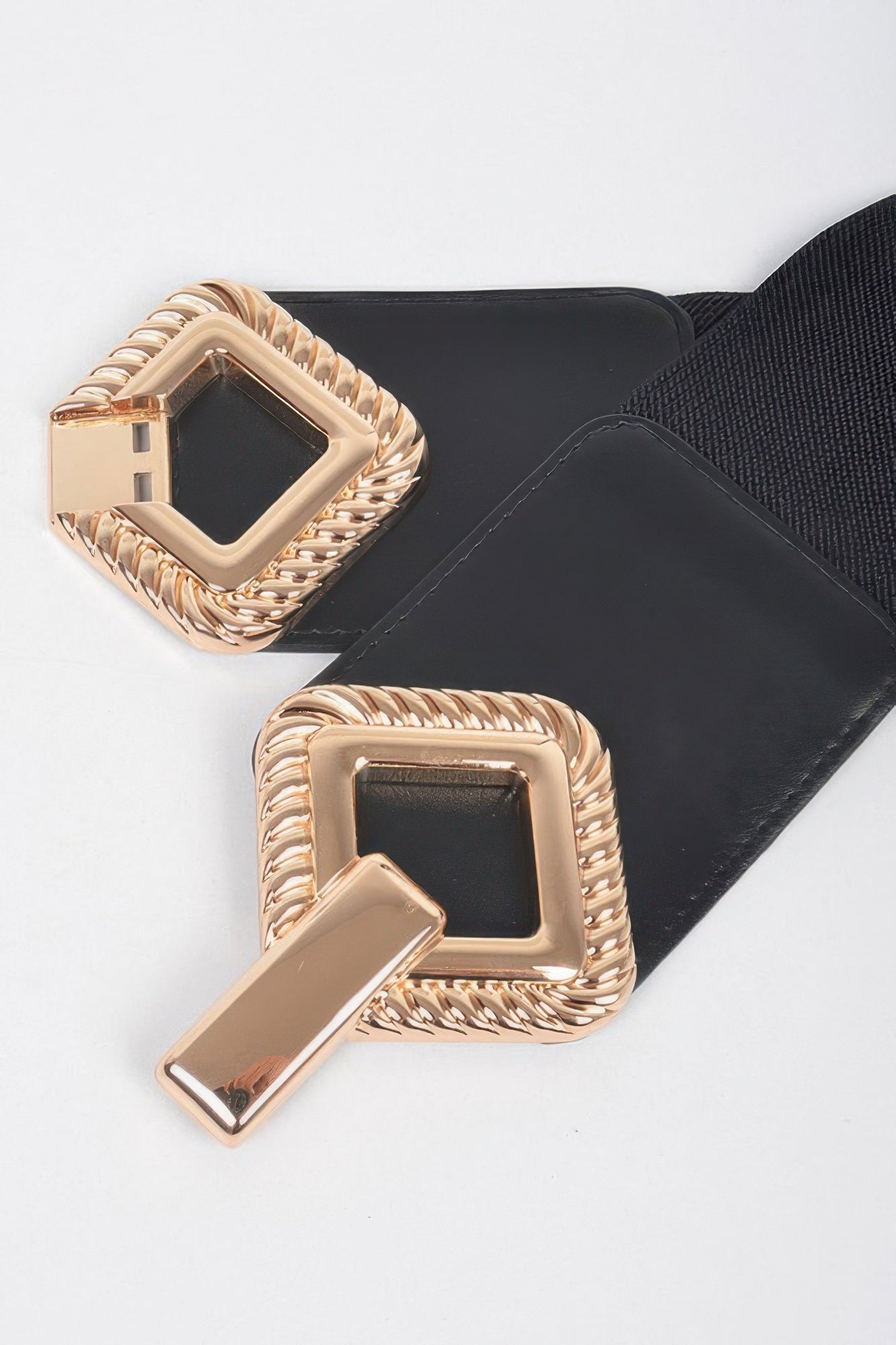 Big Metal Buckle Stretch Belt with two large gold-colored square buckles and a black elastic band