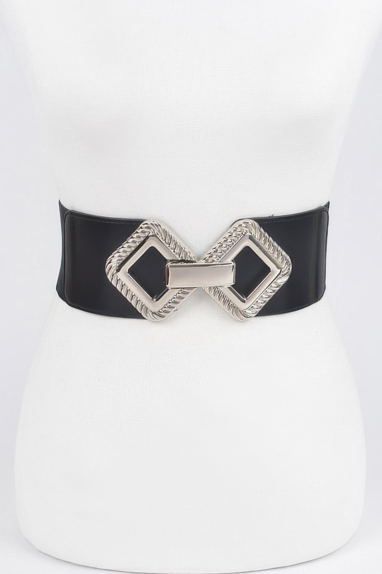 Big Metal Buckle Stretch Belt in black with a large silver-toned buckle