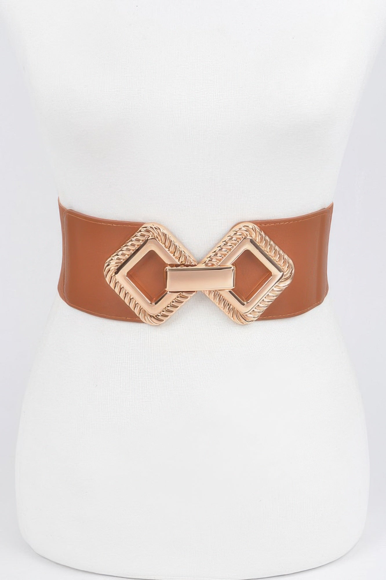 Big Metal Buckle Stretch Belt in brown with a large gold-toned buckle