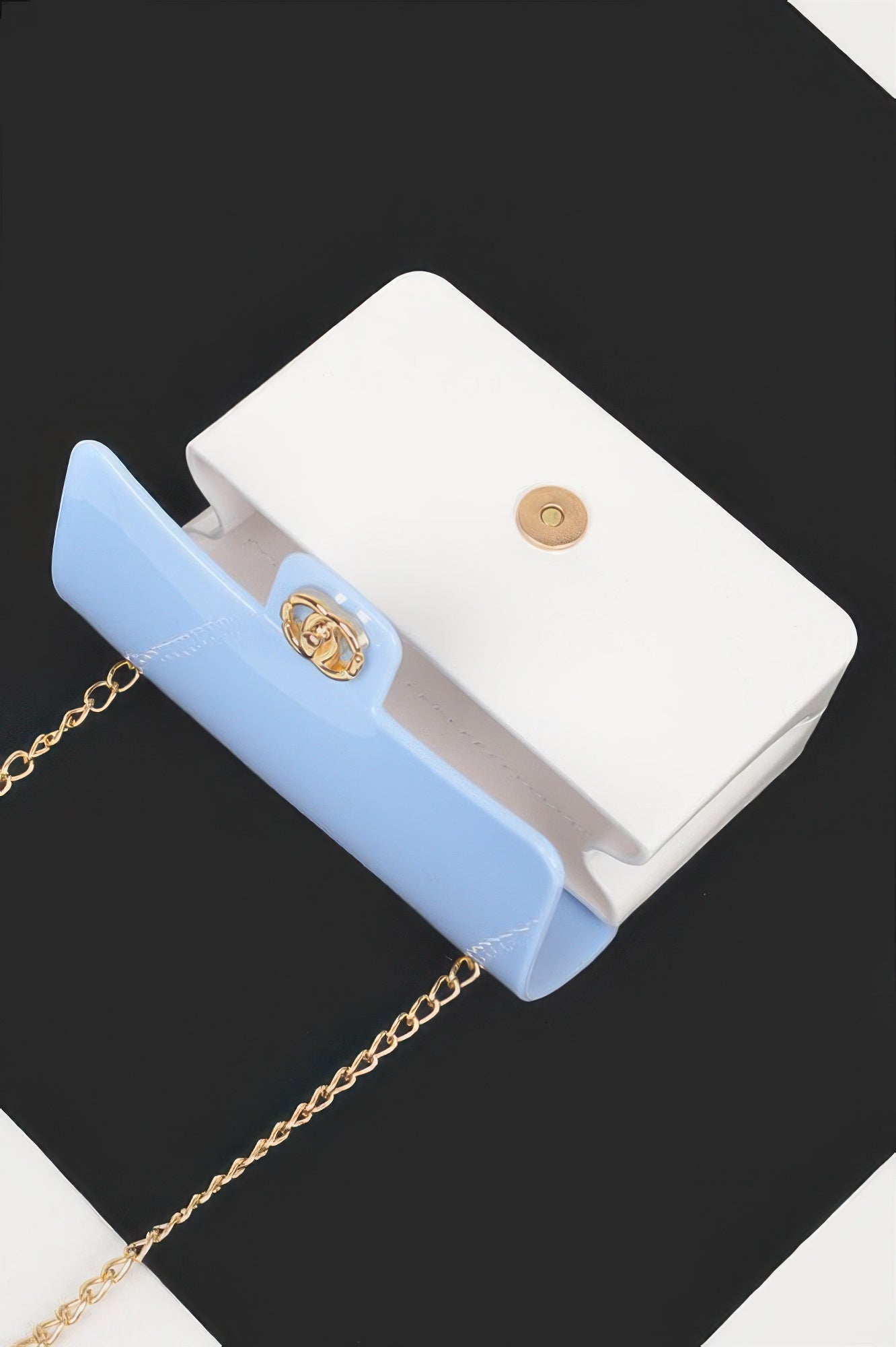 Two Toned Gold Metal Clutch, white and light blue with gold chain and clasp