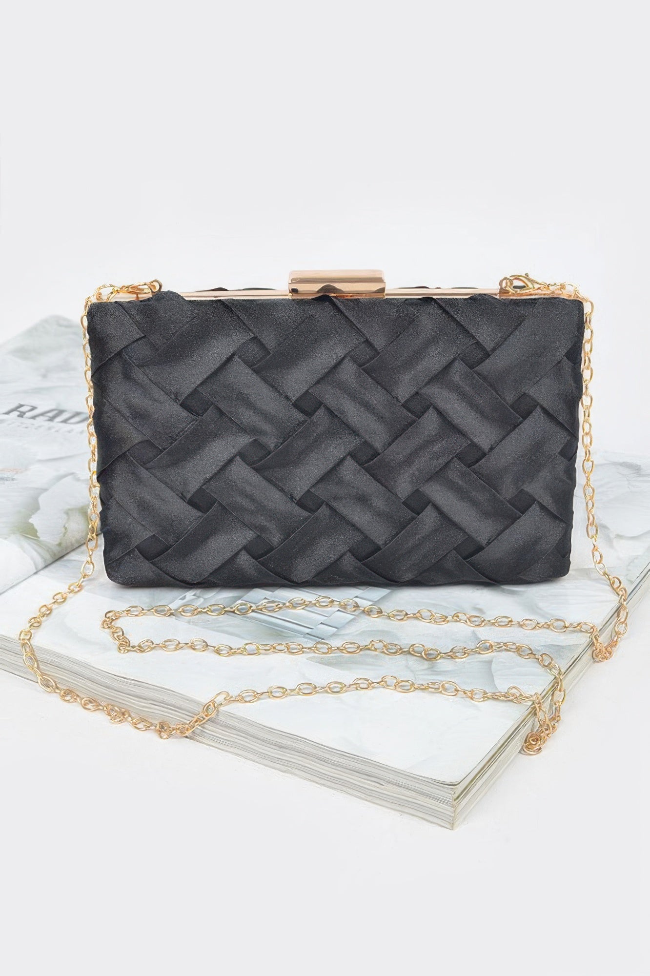 Cross Hatched Chain Clutch in black with gold chain and clasp