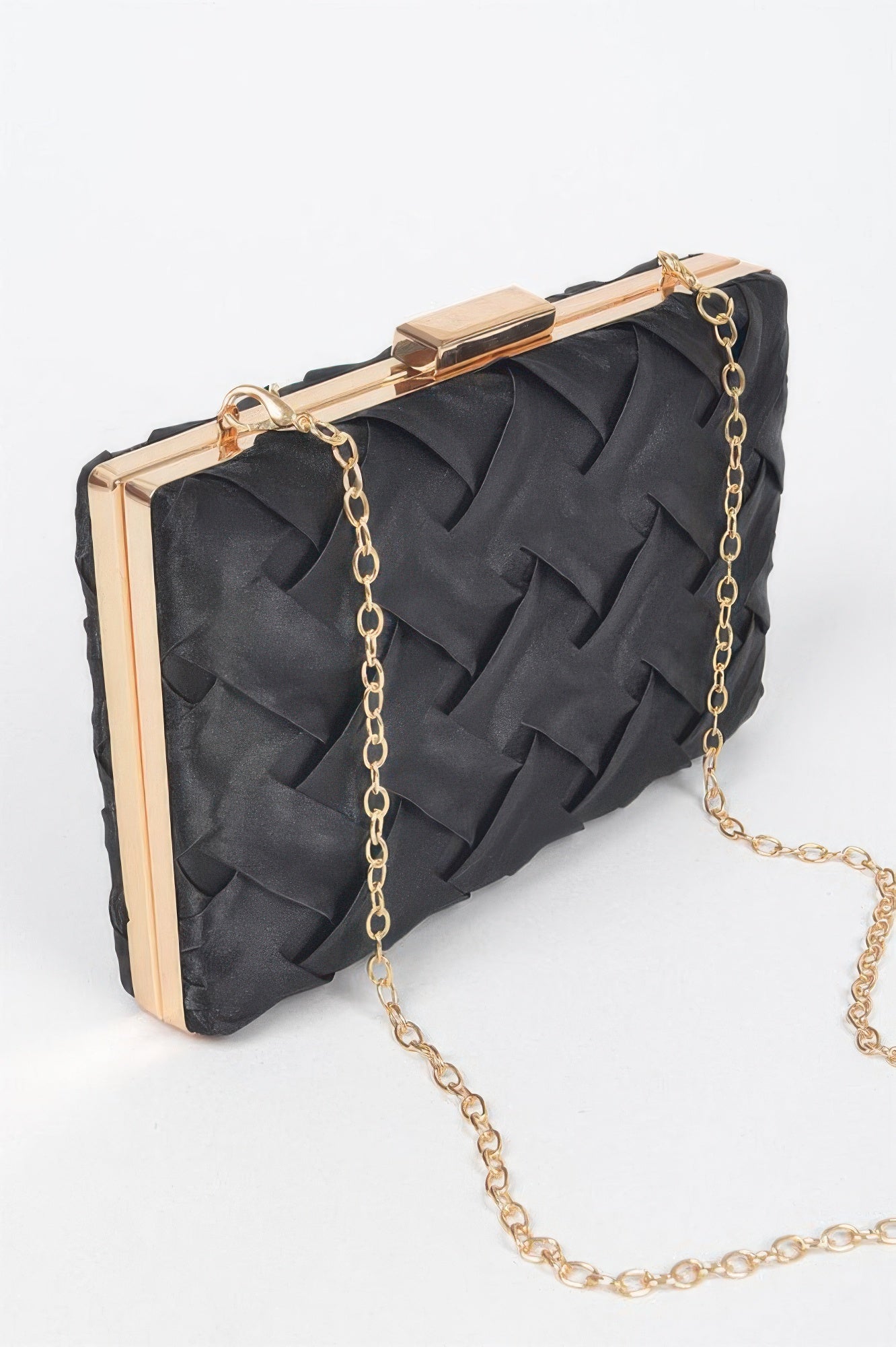 Cross Hatched Chain Clutch in black with gold frame and chain strap