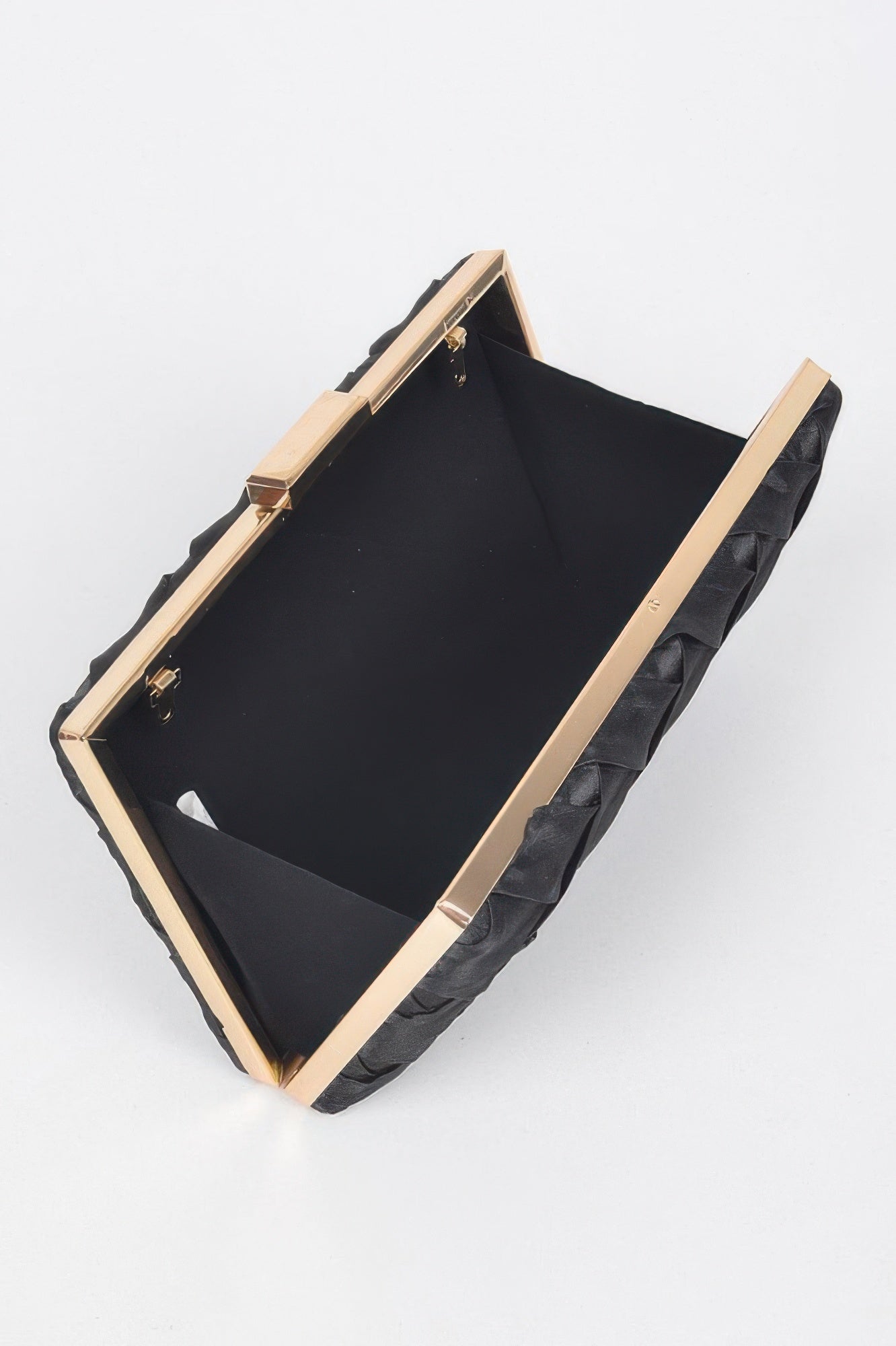 Cross Hatched Chain Clutch, open, showing black interior and gold frame