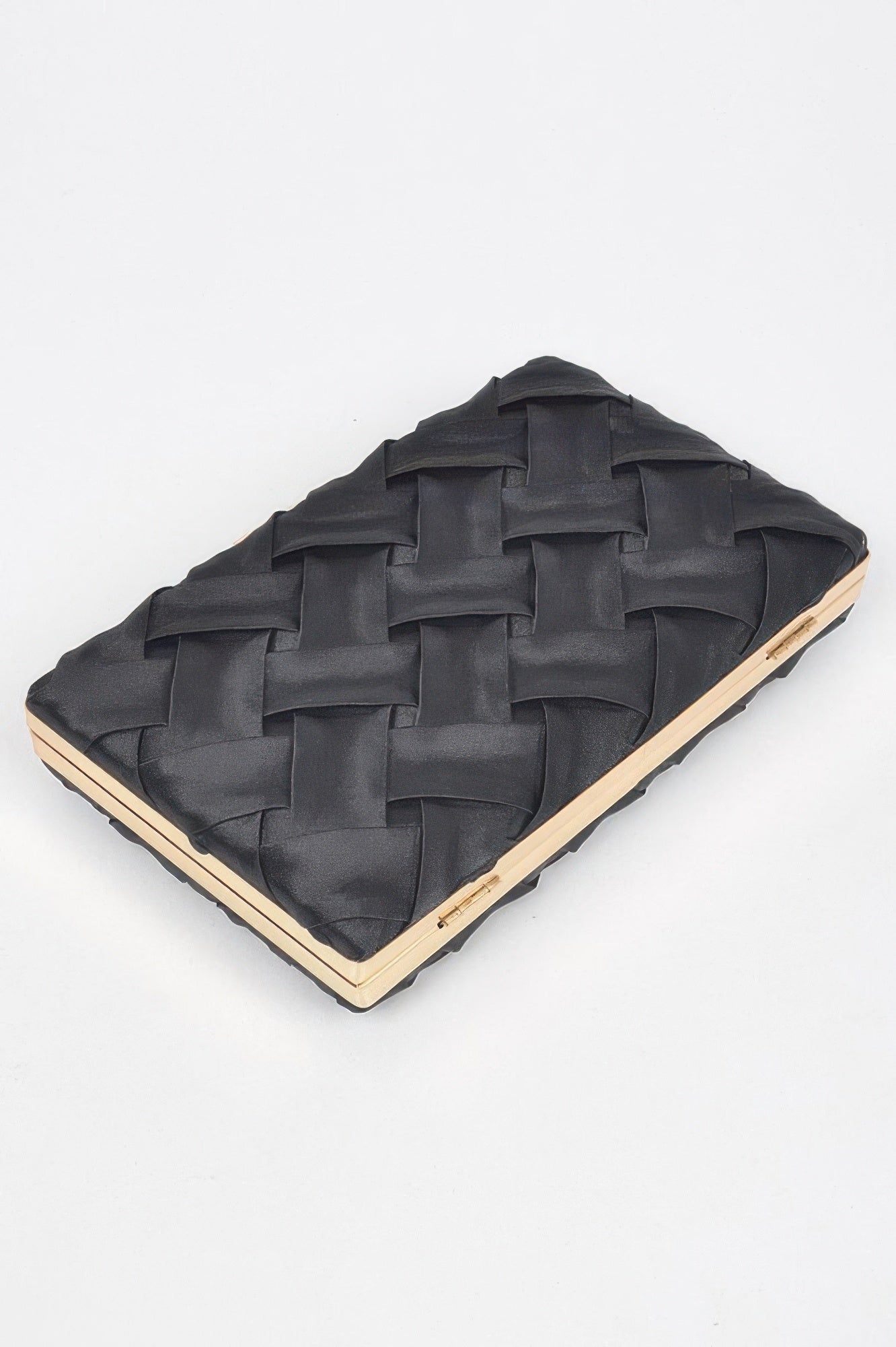 Cross Hatched Chain Clutch in black with gold trim