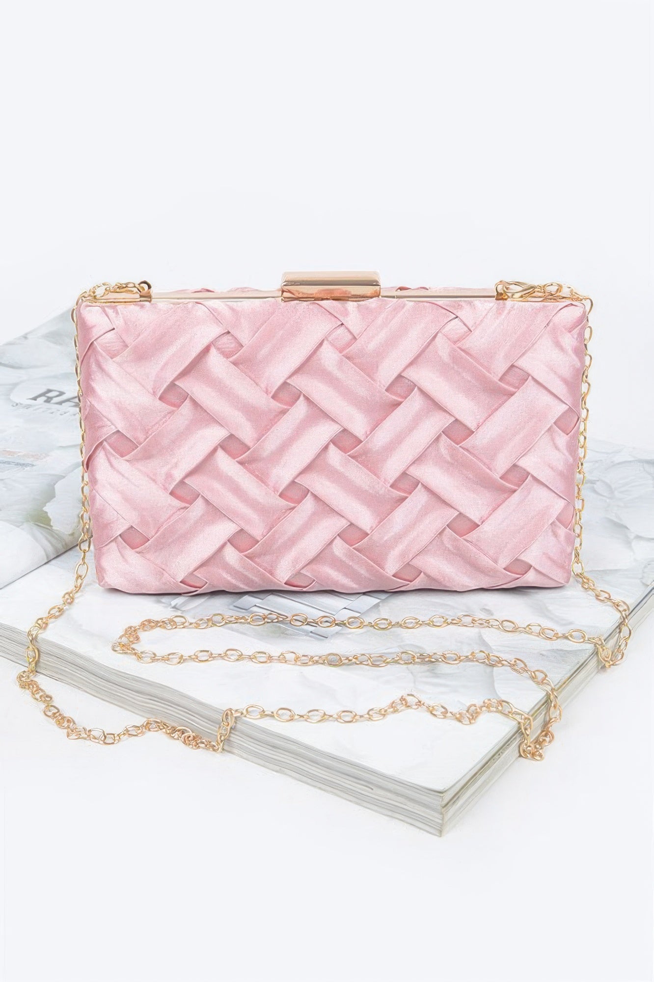 Cross Hatched Chain Clutch in light pink with gold chain and clasp