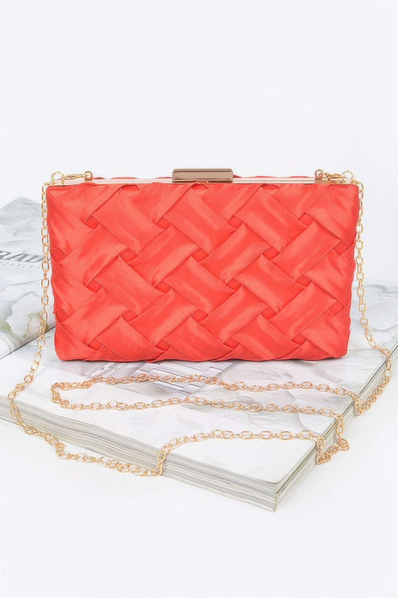 Cross Hatched Chain Clutch in coral with gold chain