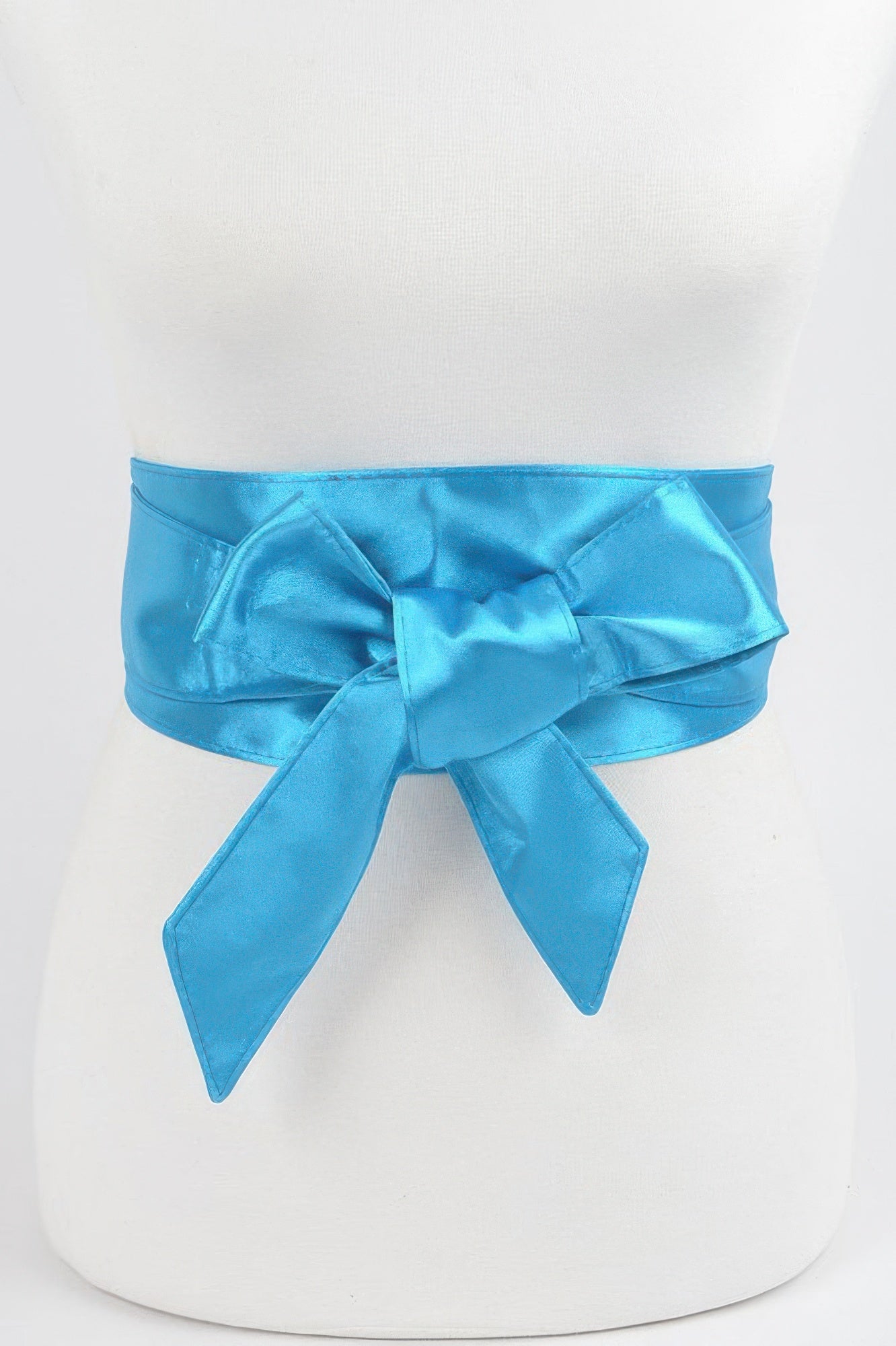 Satin Kimono Belt in a bright blue color tied in a bow around a white mannequin