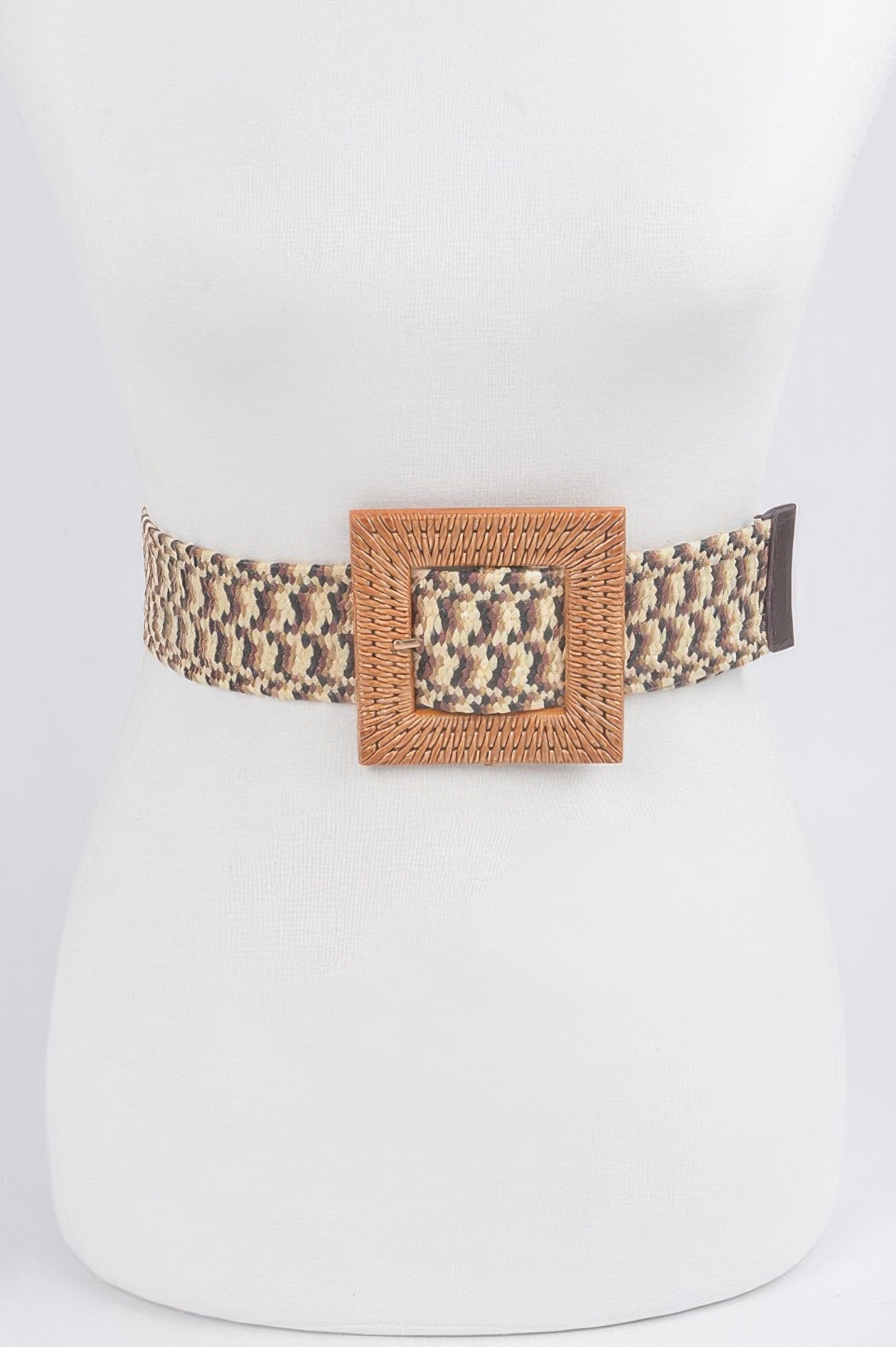 Faux Bamboo Buckle Elastic Belt with a square bamboo buckle and a patterned elastic band
