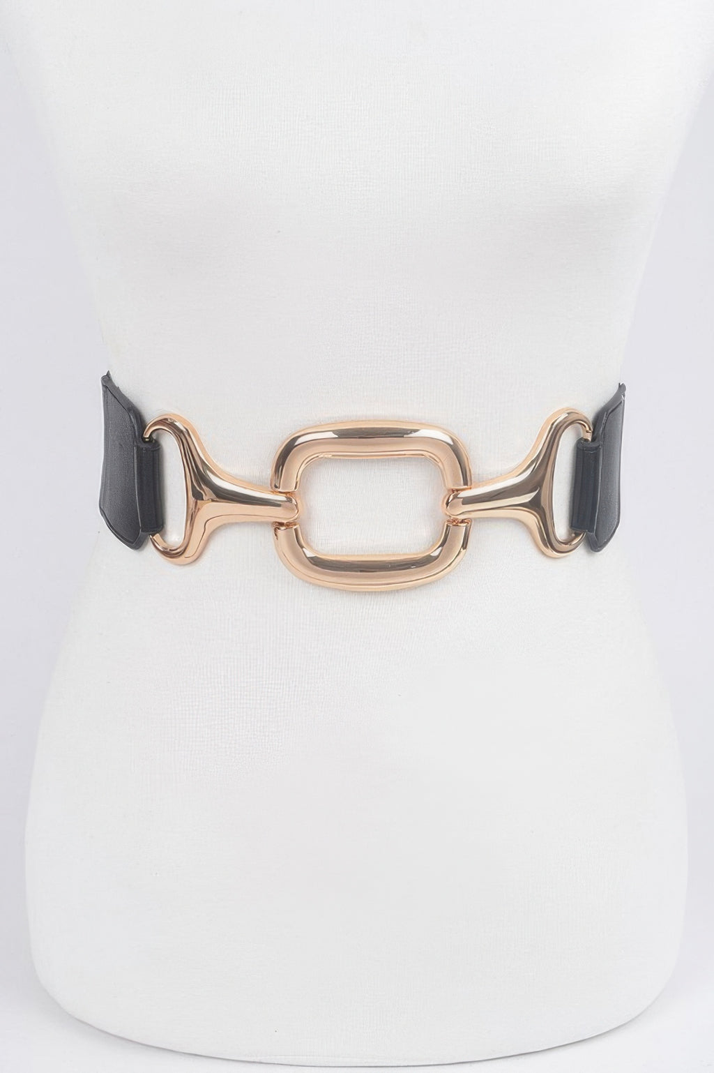 Multi Metal Buckle Stretch Plus Size Belt with a large gold-colored buckle on a white mannequin
