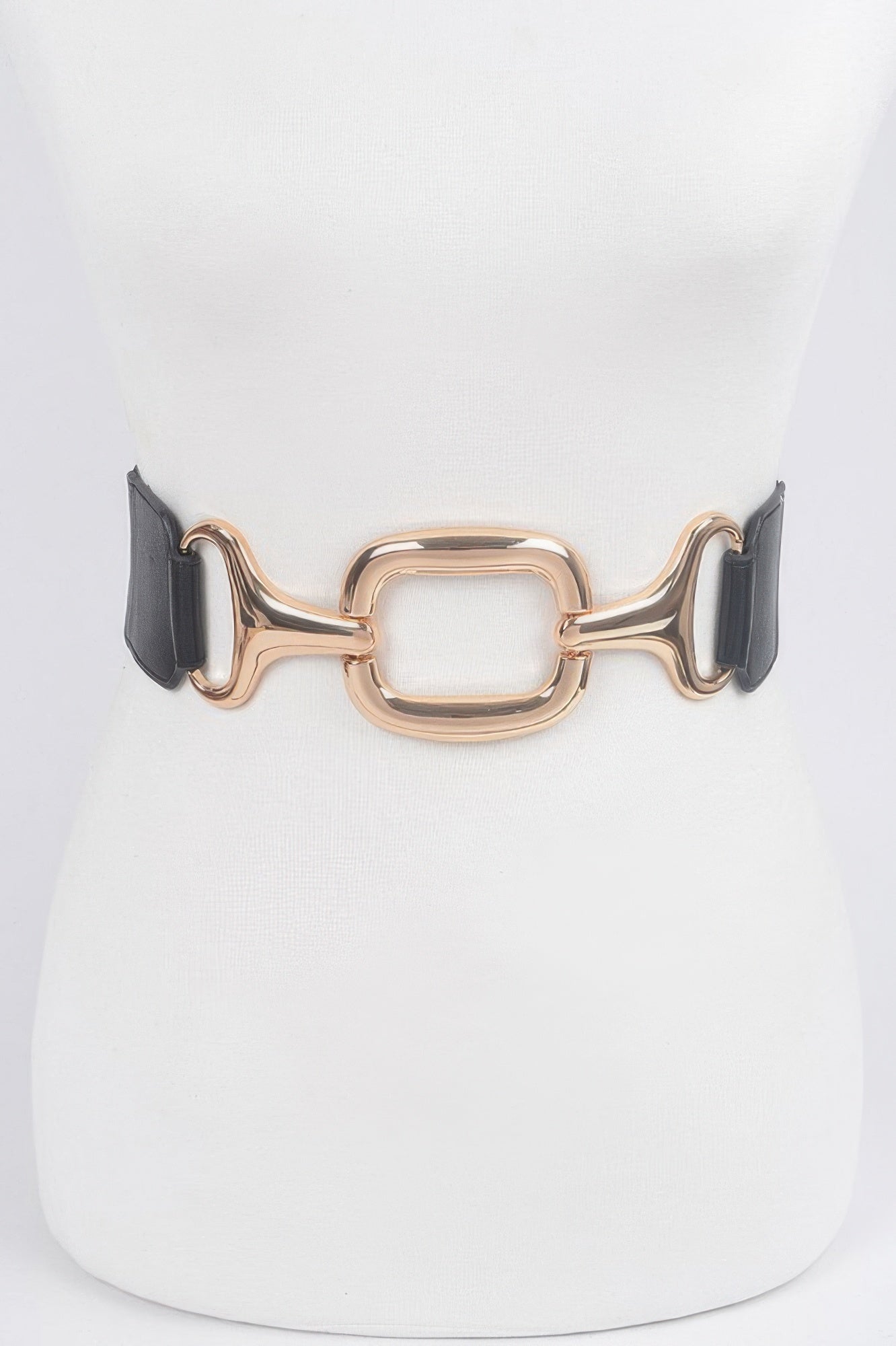 Multi Metal Buckle Stretch Plus Size Belt with a large gold-colored buckle on a white mannequin