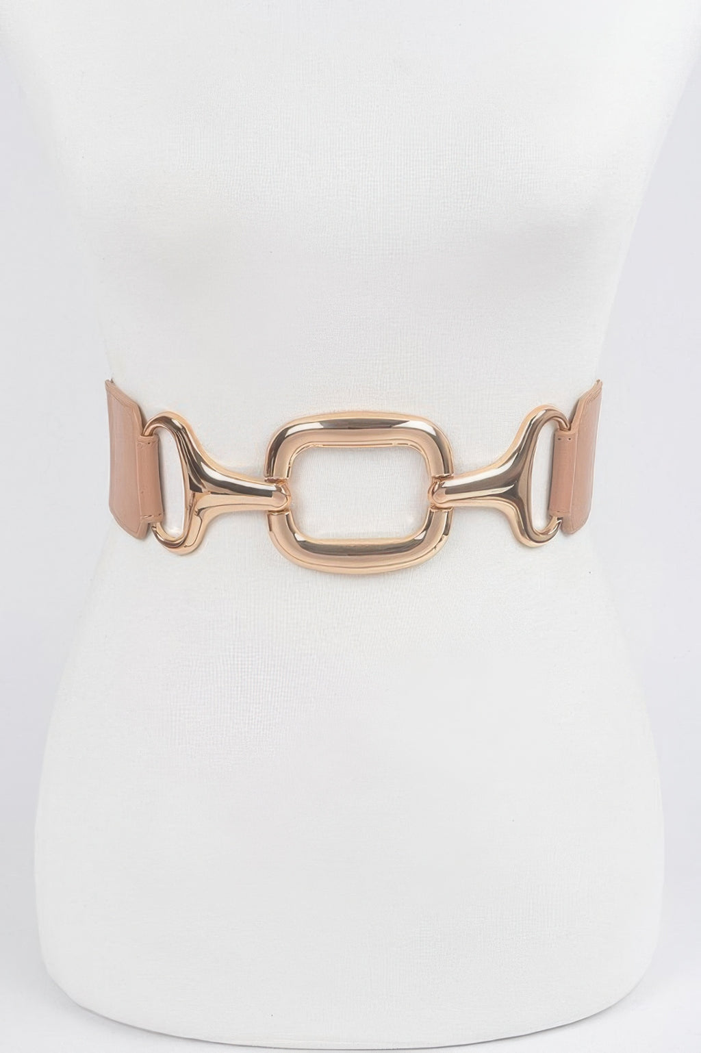 Multi Metal Buckle Stretch Plus Size Belt in light brown with a large gold-toned buckle
