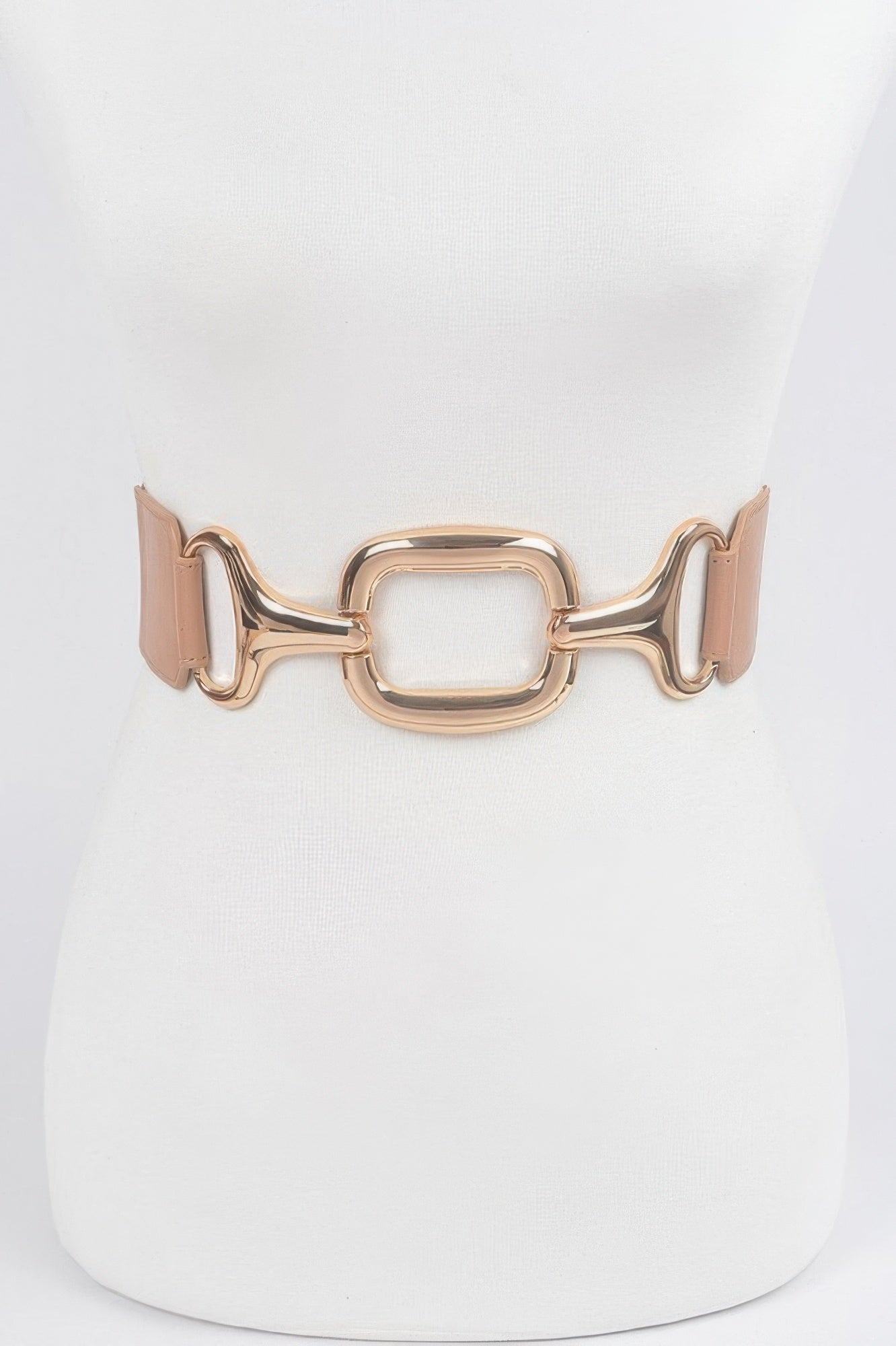Multi Metal Buckle Stretch Plus Size Belt in light brown with a large gold-toned buckle