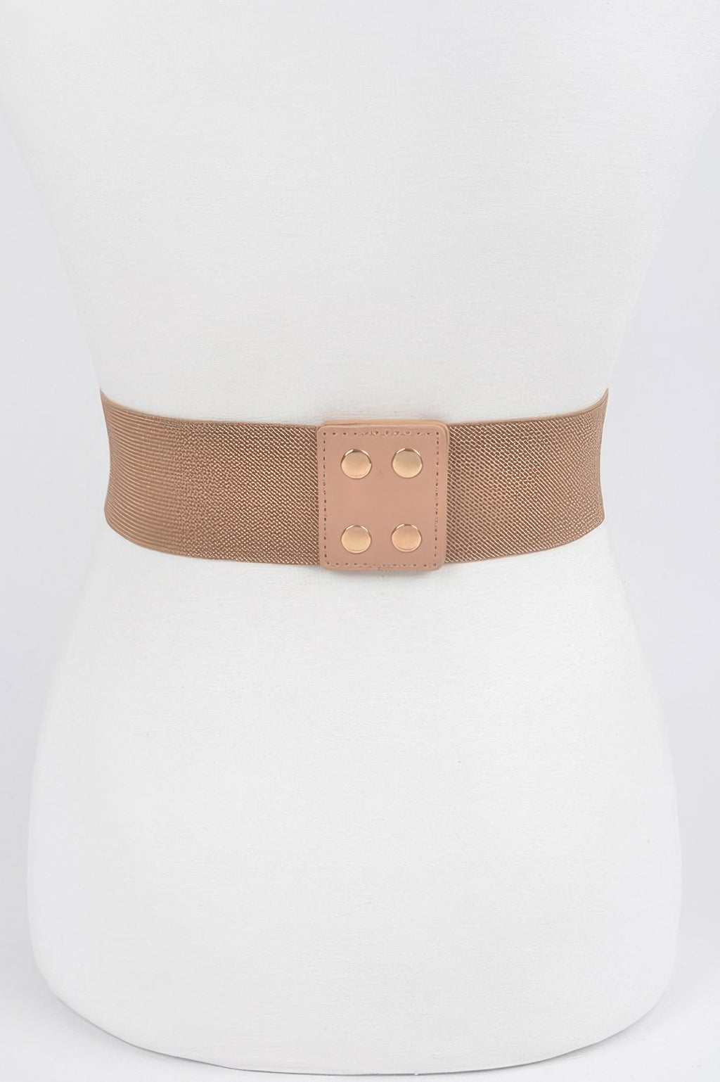 Multi Metal Buckle Stretch Plus Size Belt in tan with a light brown buckle and four gold studs